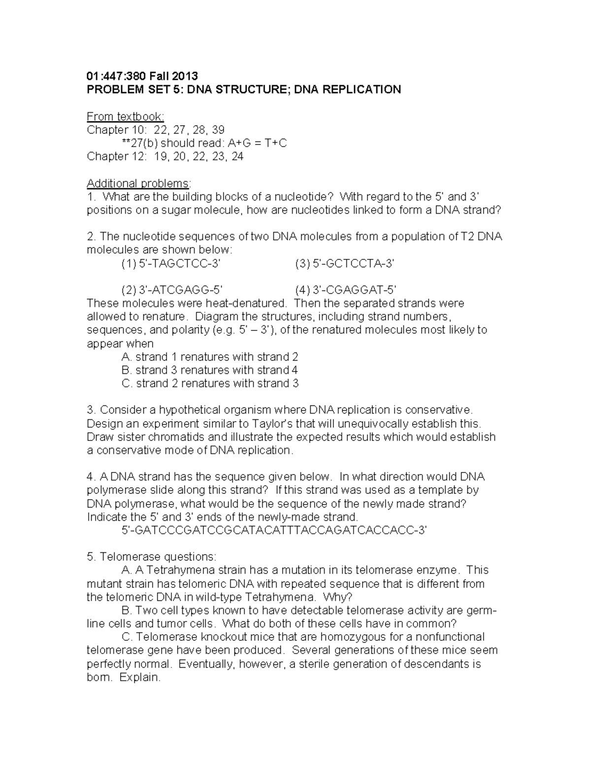 Problem Set 5 - 01:447:380 Fall 2013 PROBLEM SET 5: DNA STRUCTURE; DNA ...