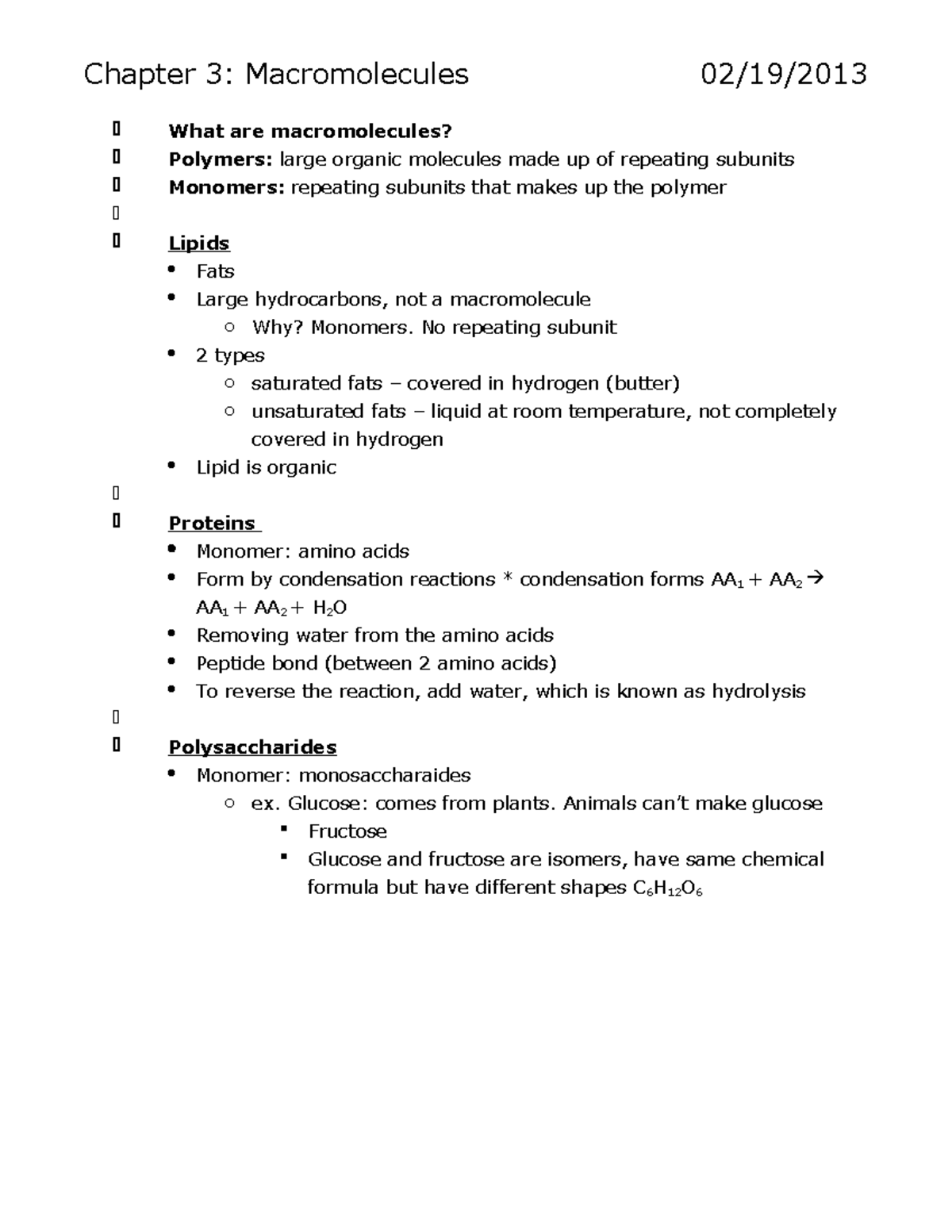 Chapter 3 - Chapter 3: Macromolecules 02/19/2013 What are ...