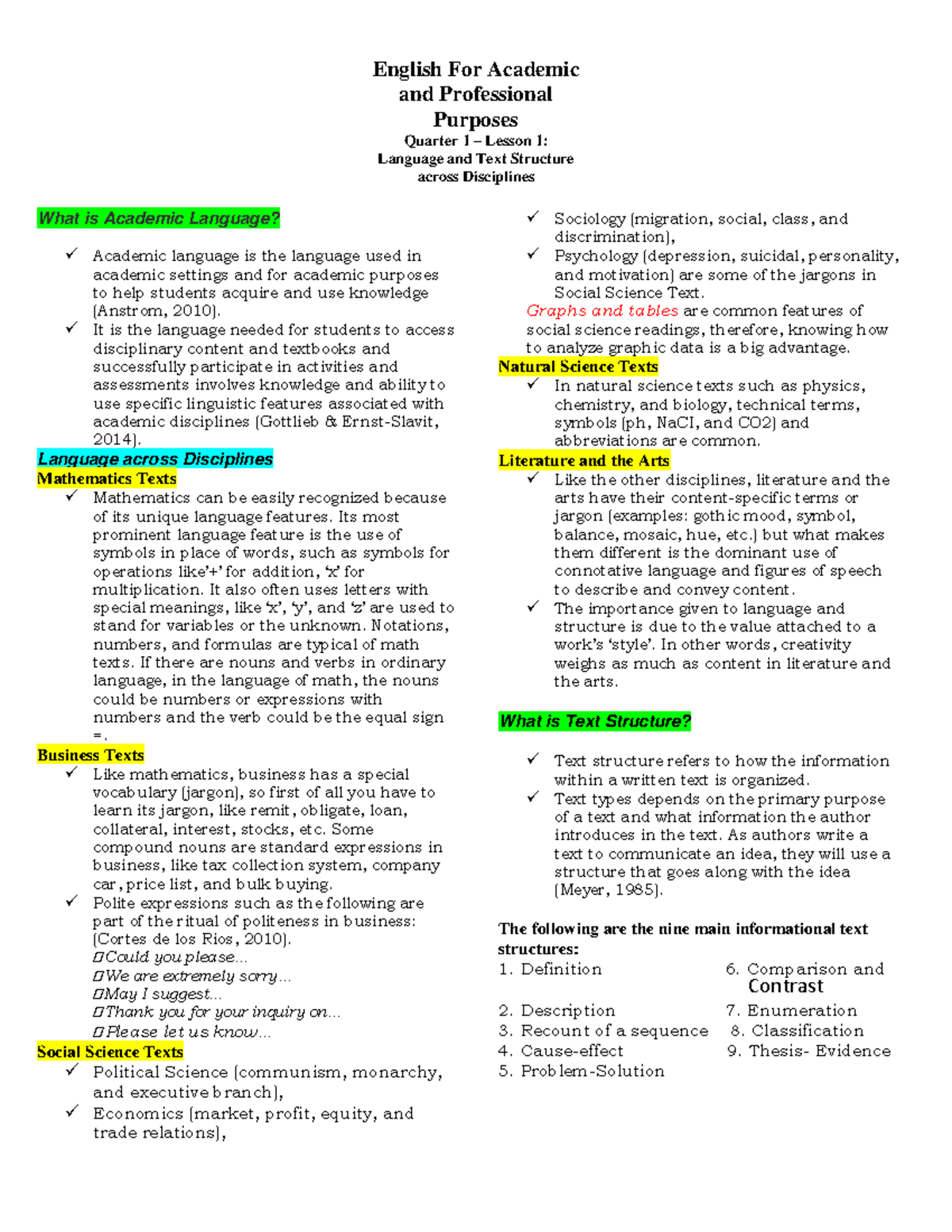 EAPP Q1 Lesson 1 - notes only - English For Academic and Professional ...