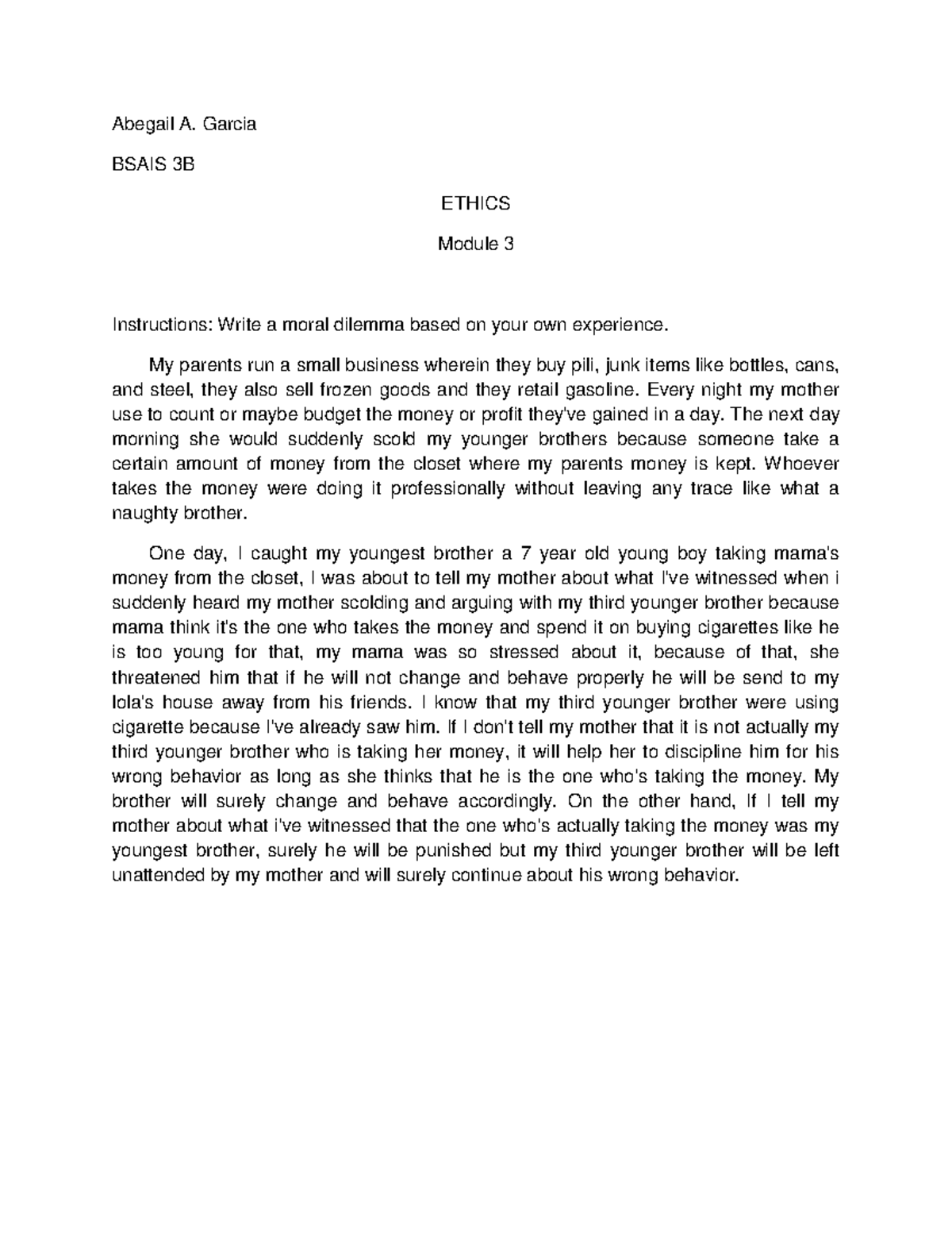 Ethics M3 - Abegail A. Garcia BSAIS 3B ETHICS Module 3 Instructions ...