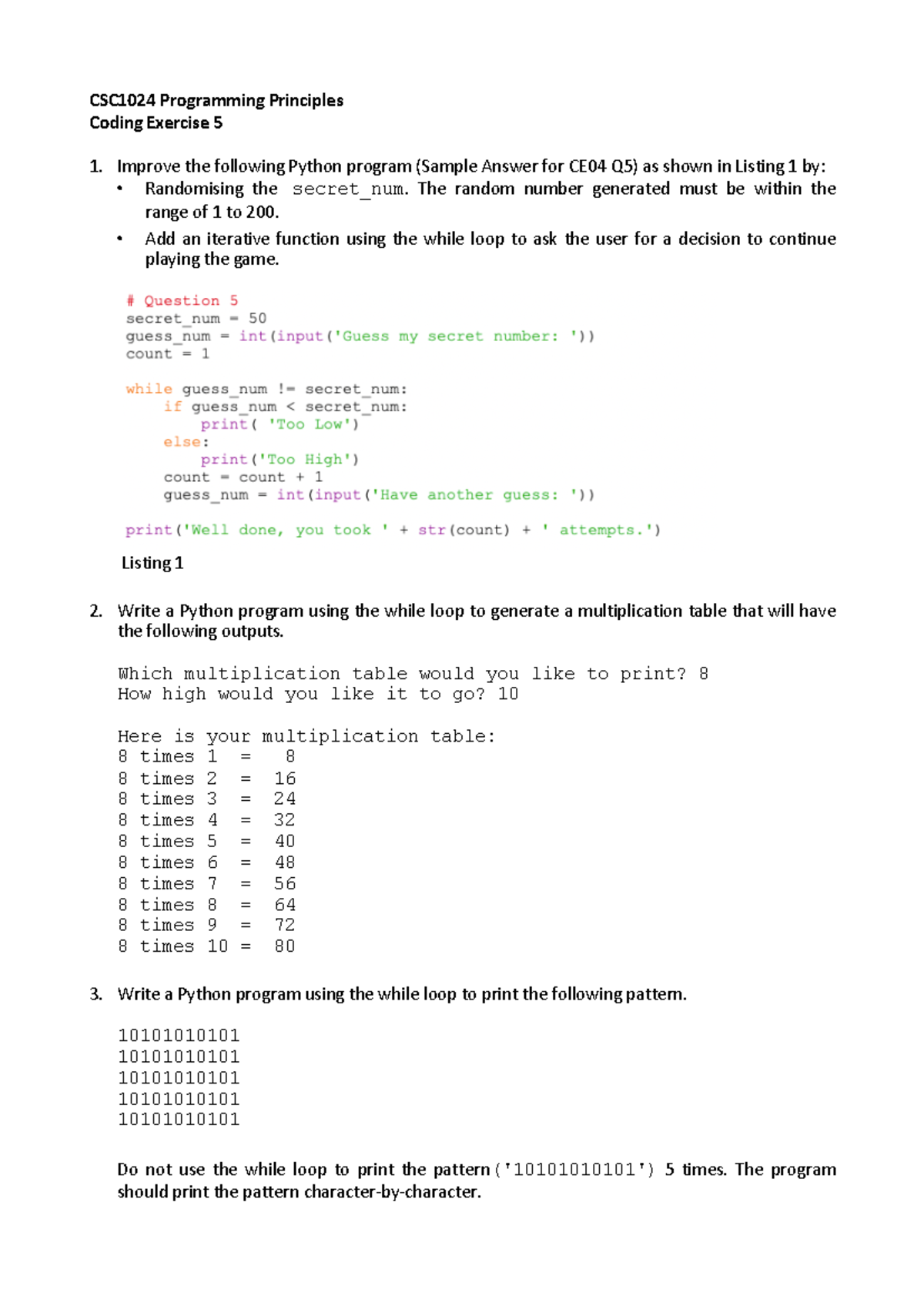 CE05 - practical - CSC1024 Programming Principles Coding Exercise 5 ...