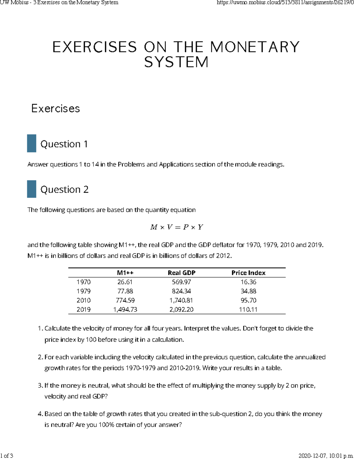 Unit 10 exercise - UW Möbius 3 Exercises on the Monetary System 1 of 3 ...