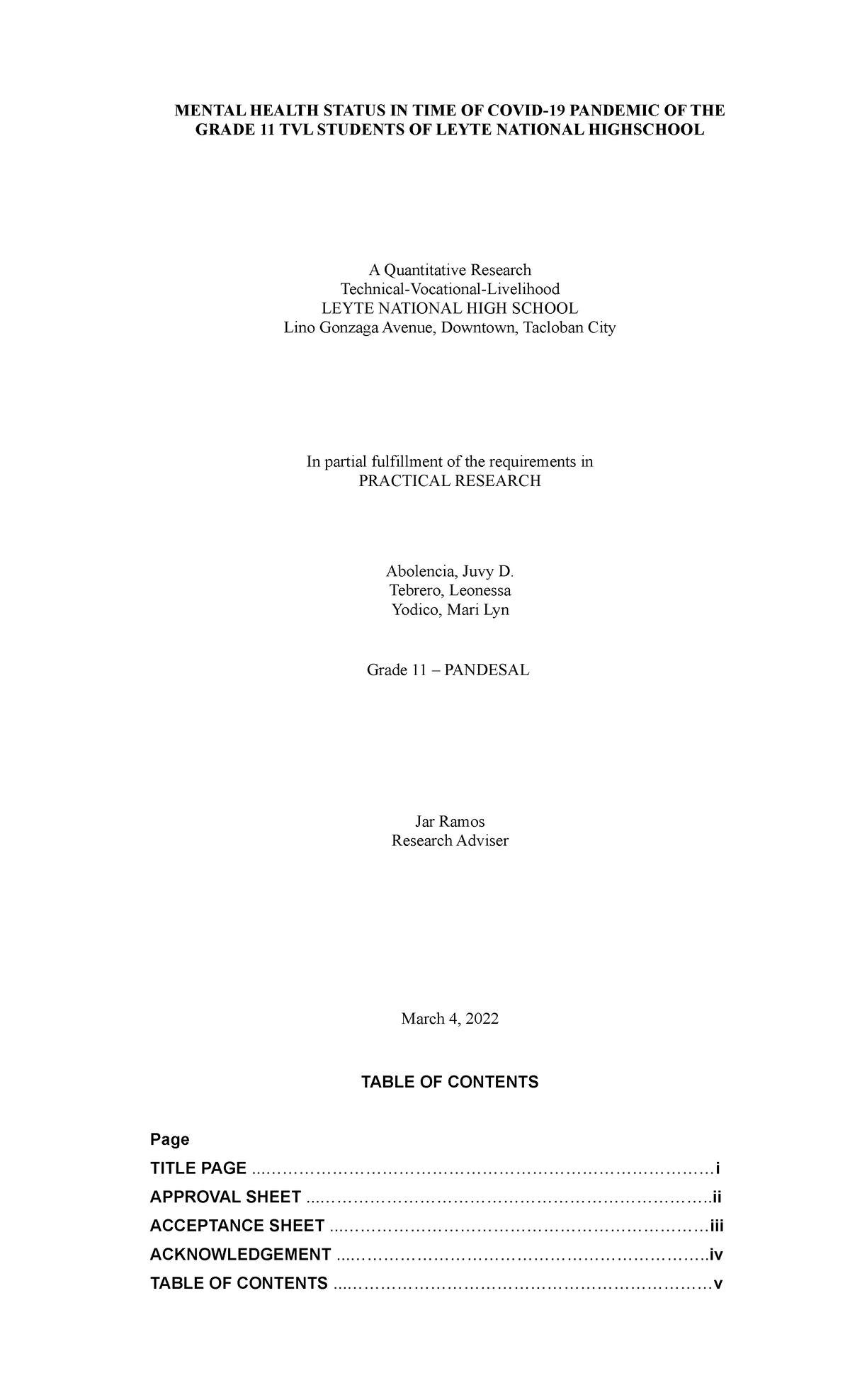 Grade 11 pandesal research - i MENTAL HEALTH STATUS IN TIME OF COVID-19 ...