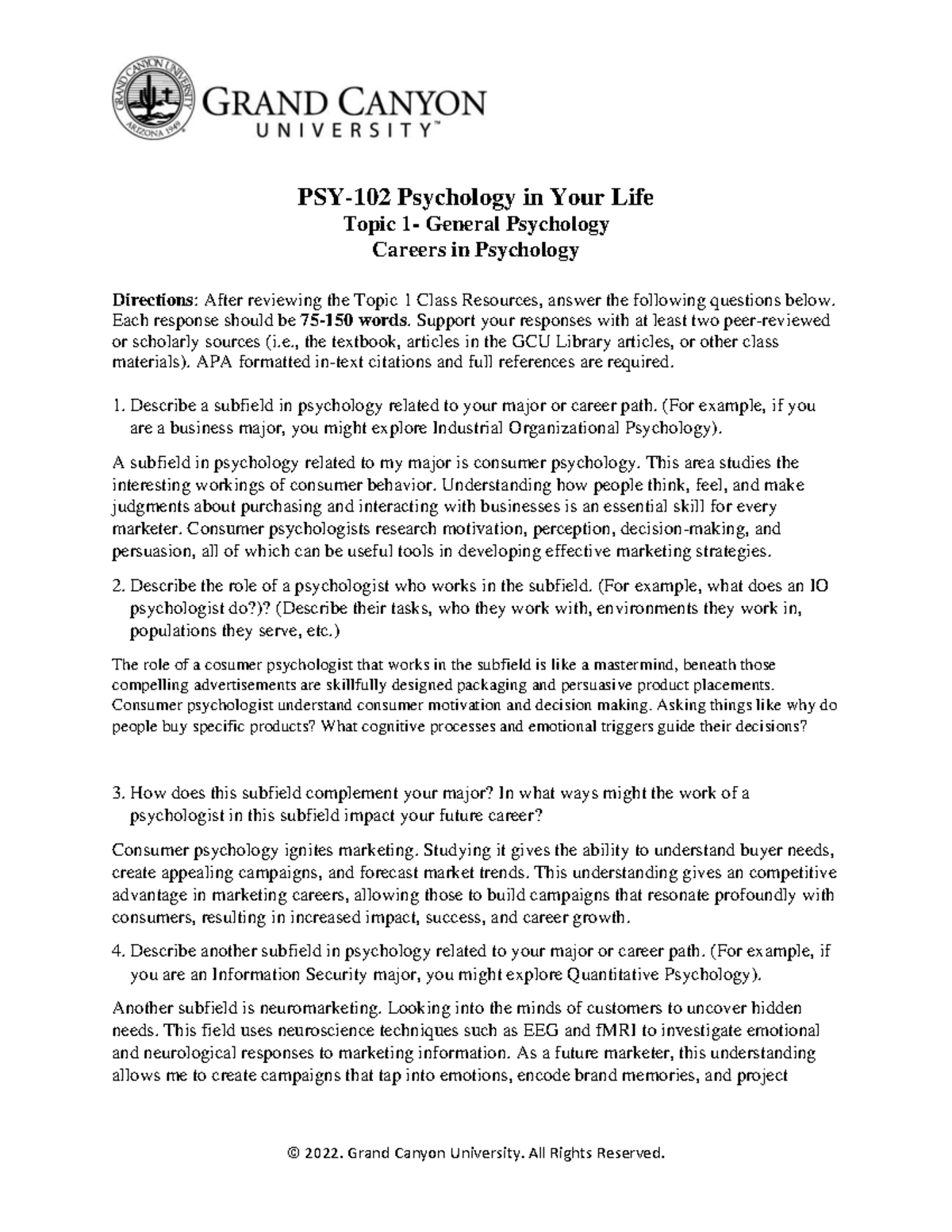 Psy 102 Rs T1 Careersin Psychology 2022 Grand Canyon University Psy 102 Rs T1 Careersin Psychology 2022 Grand Canyon University