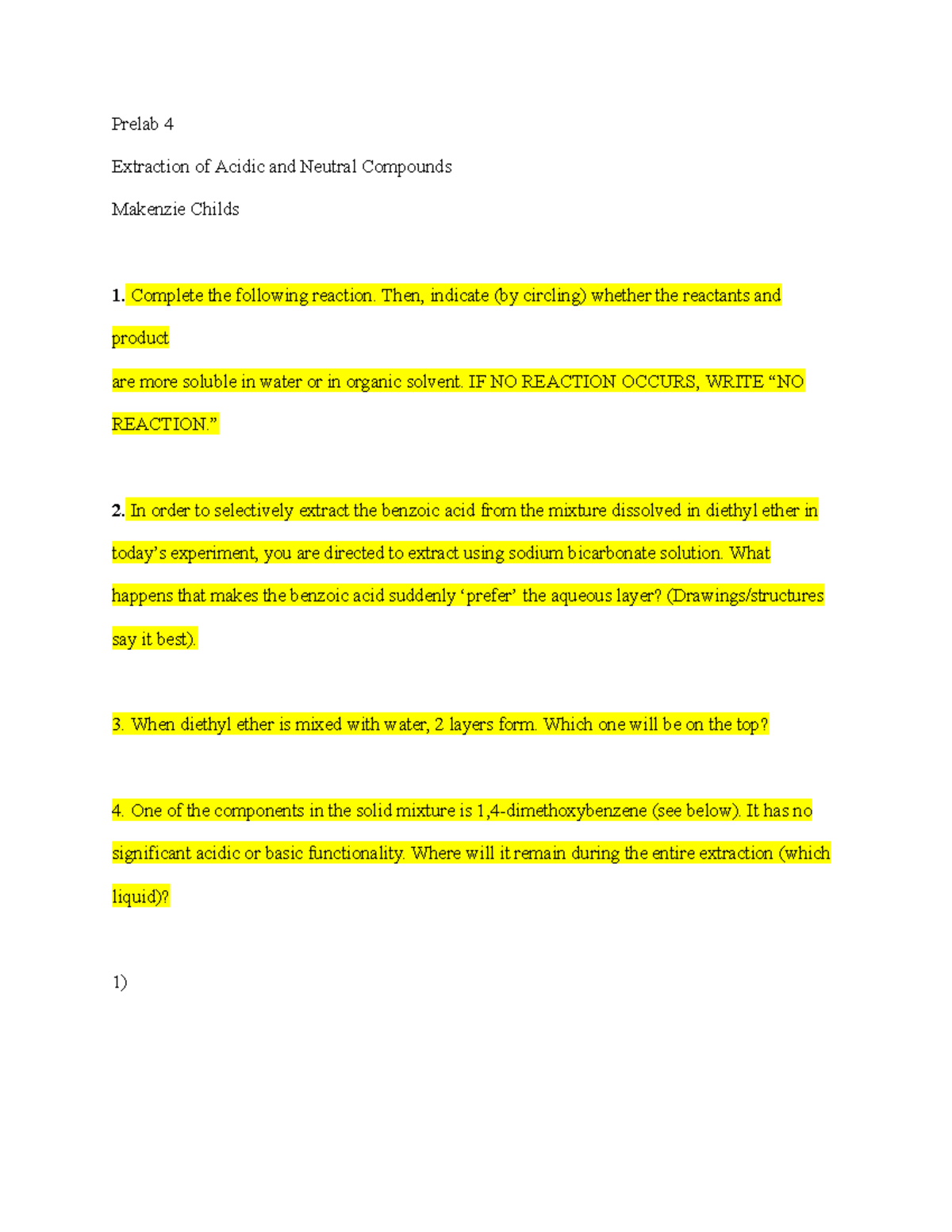 Pre lab week 4 - Pre Lab week 4 - Prelab 4 Extraction of Acidic and ...