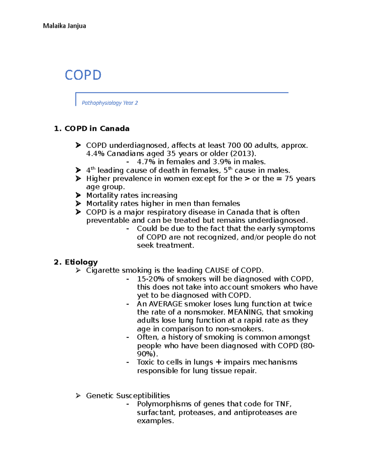 COPD - Lecture notes module 6 - Malaika Janjua COPD Pathophysiology ...