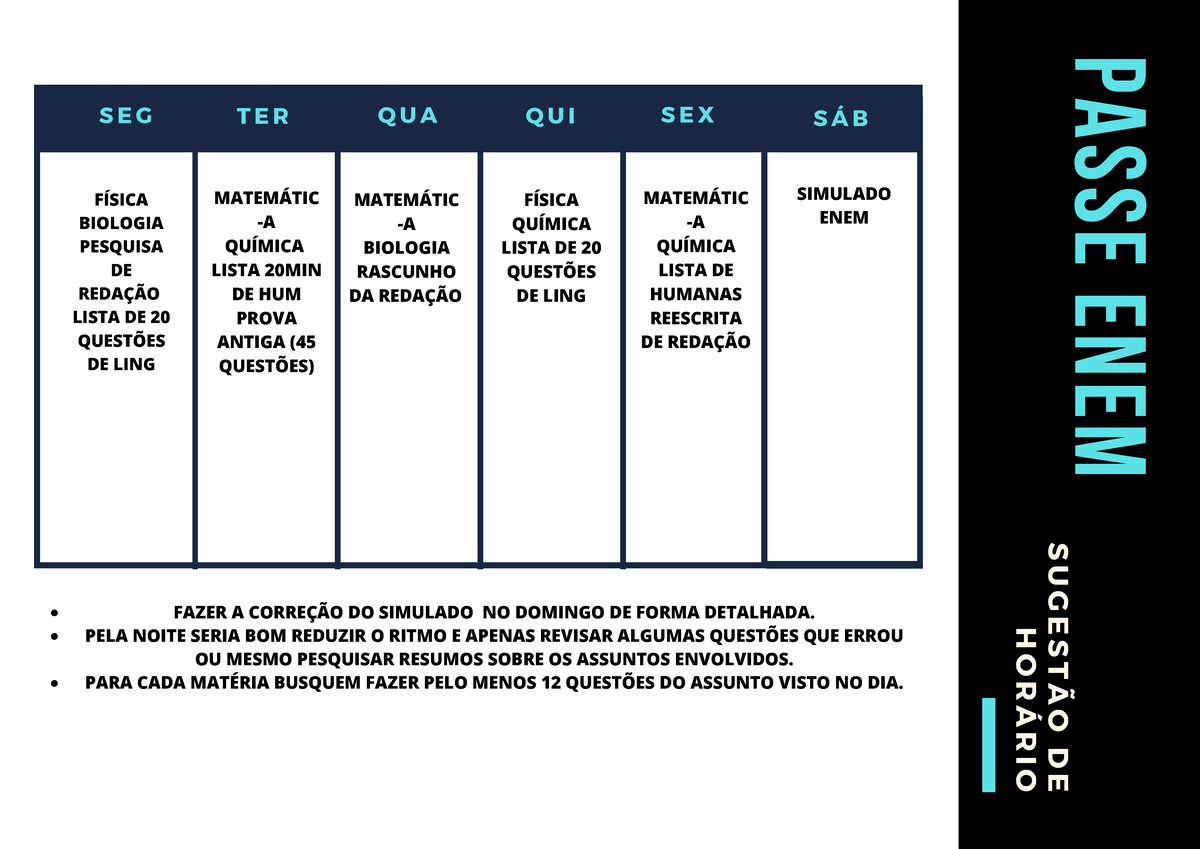 Sugestão De Horário Lista De QuestÕes P A S S E E N E M Seg Ter Qua Qui Sex SugestÃo De 1771
