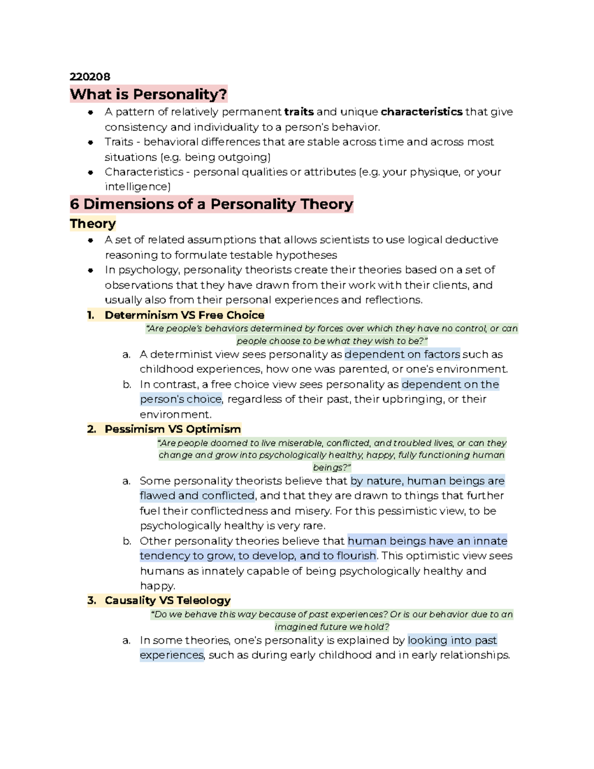 (PSYC 24) Theories Of Personality Notes - 220208 What Is Personality? A ...