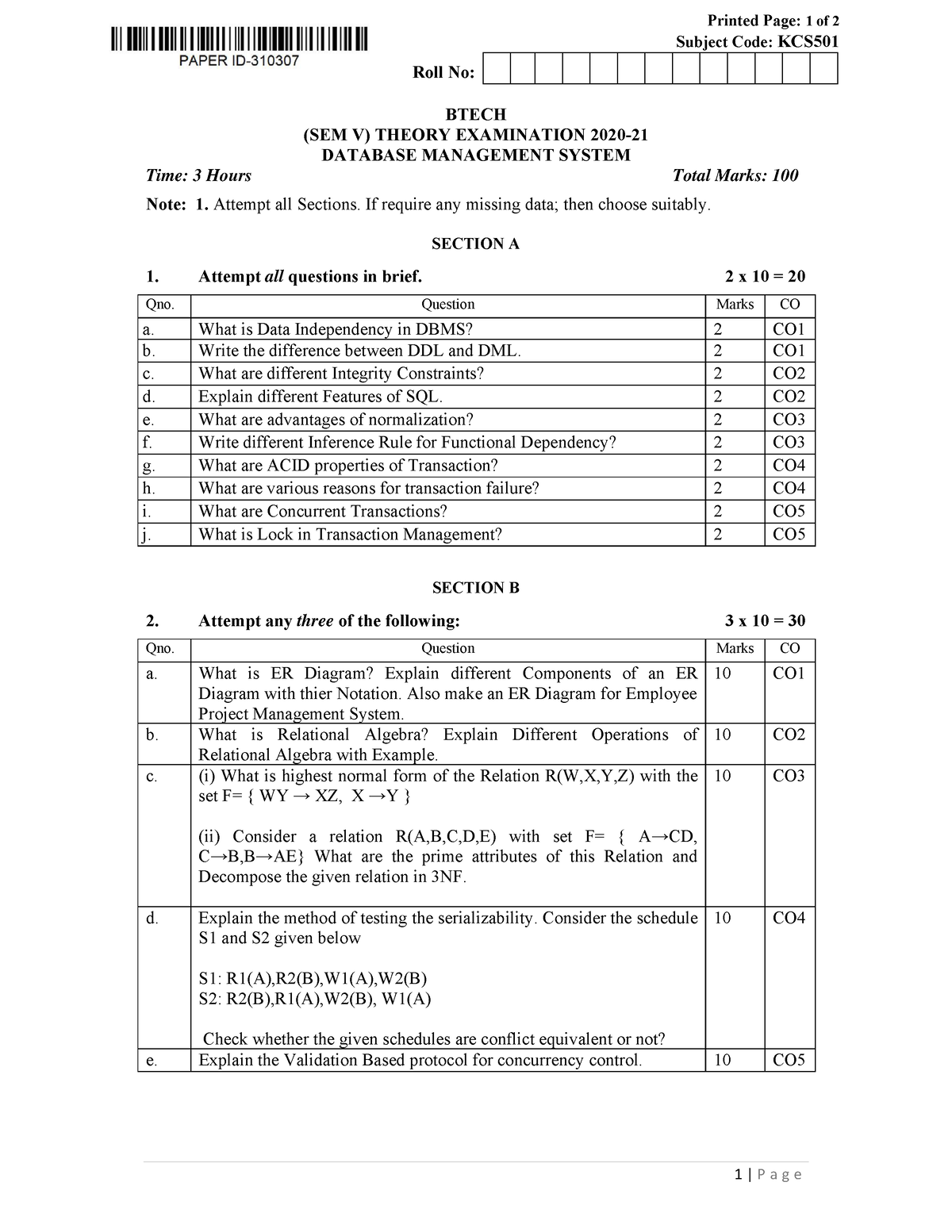 Btech Cs 5 Sem Database Management System Kcs501 2021 - Printed Page: 1 