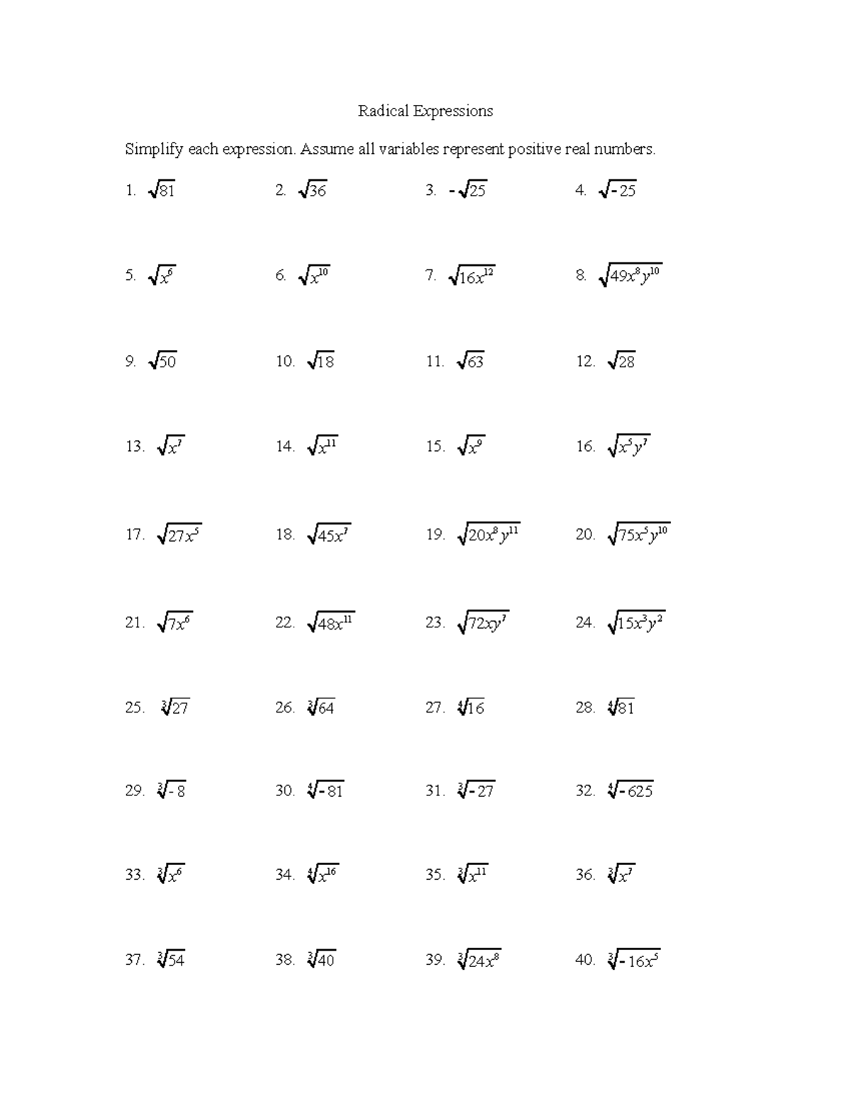 Radical Expressions Practice - Radical Expressions 81 2. 36 3. 25 4 ...