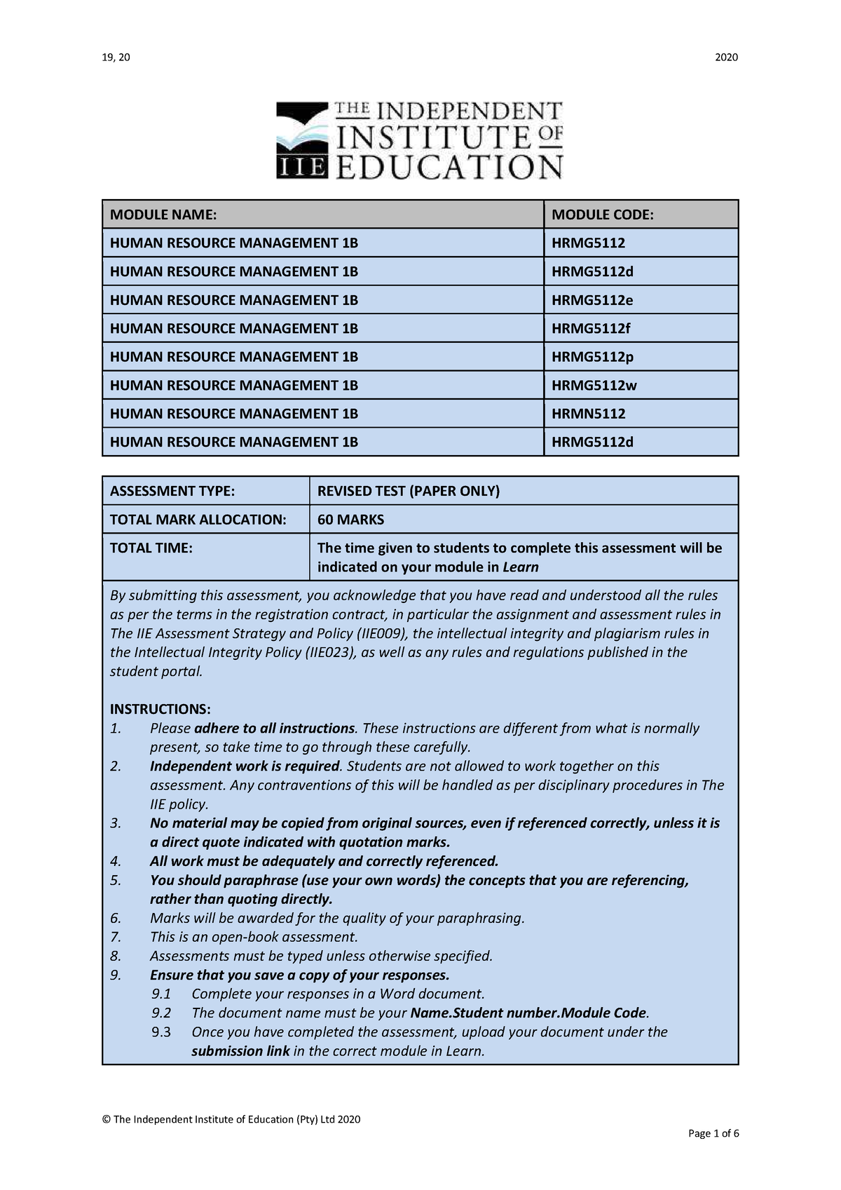 HRMG5112Ta C19 - Past Paper - MODULE NAME: MODULE CODE: HUMAN RESOURCE ...