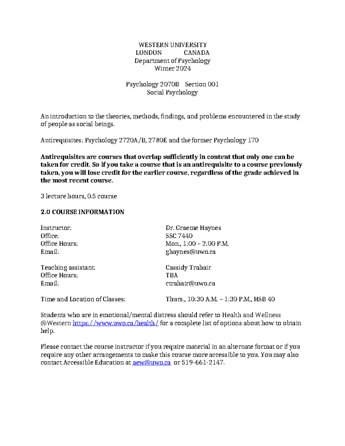 Haynes UWO soc psy 2070B Winter 2024 outline - WESTERN UNIVERSITY ...