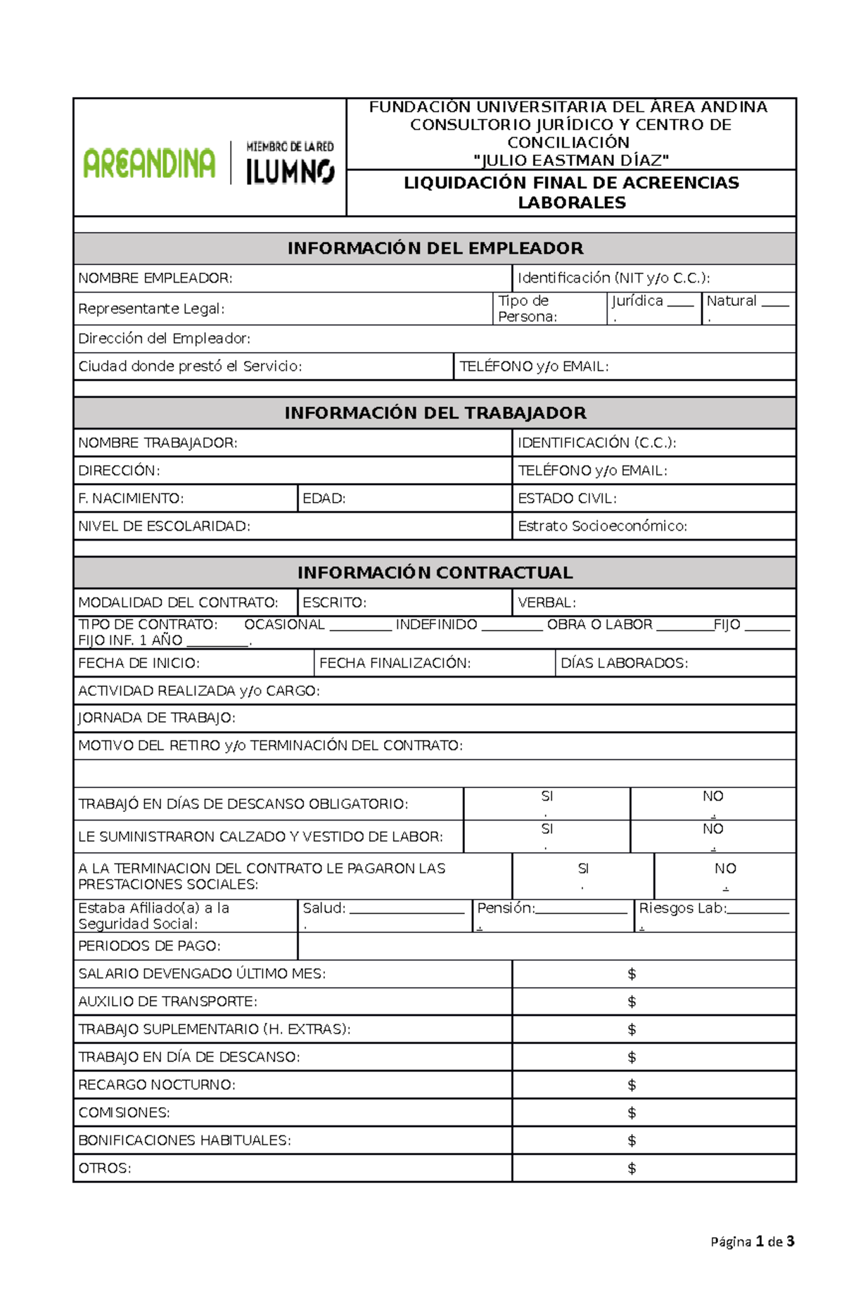 Nuevo Formato DE Liquidacion FUNDACIÓN UNIVERSITARIA DEL ÁREA ANDINA