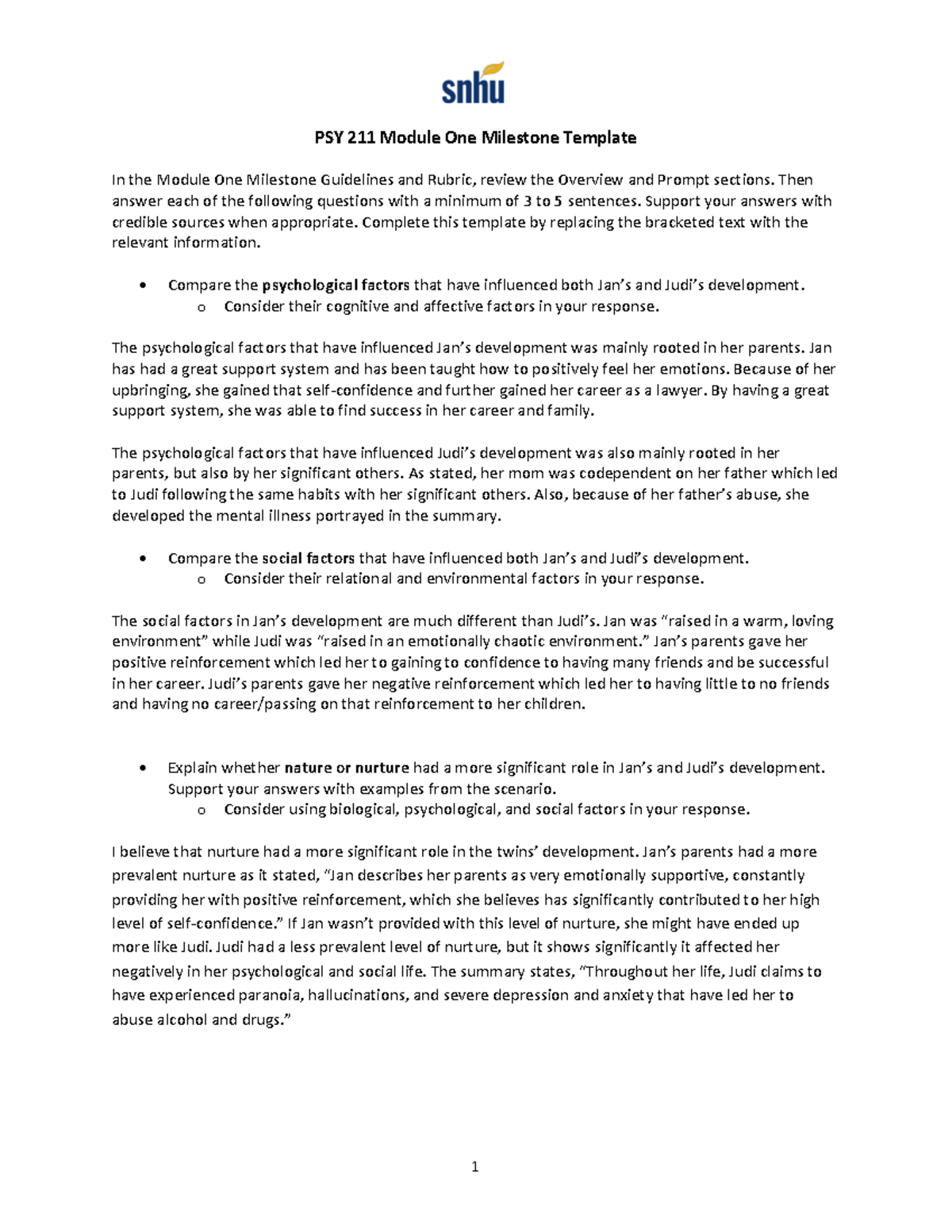 PSY Module 1 Assignment - 1 PSY 211 Module One Milestone Template In ...