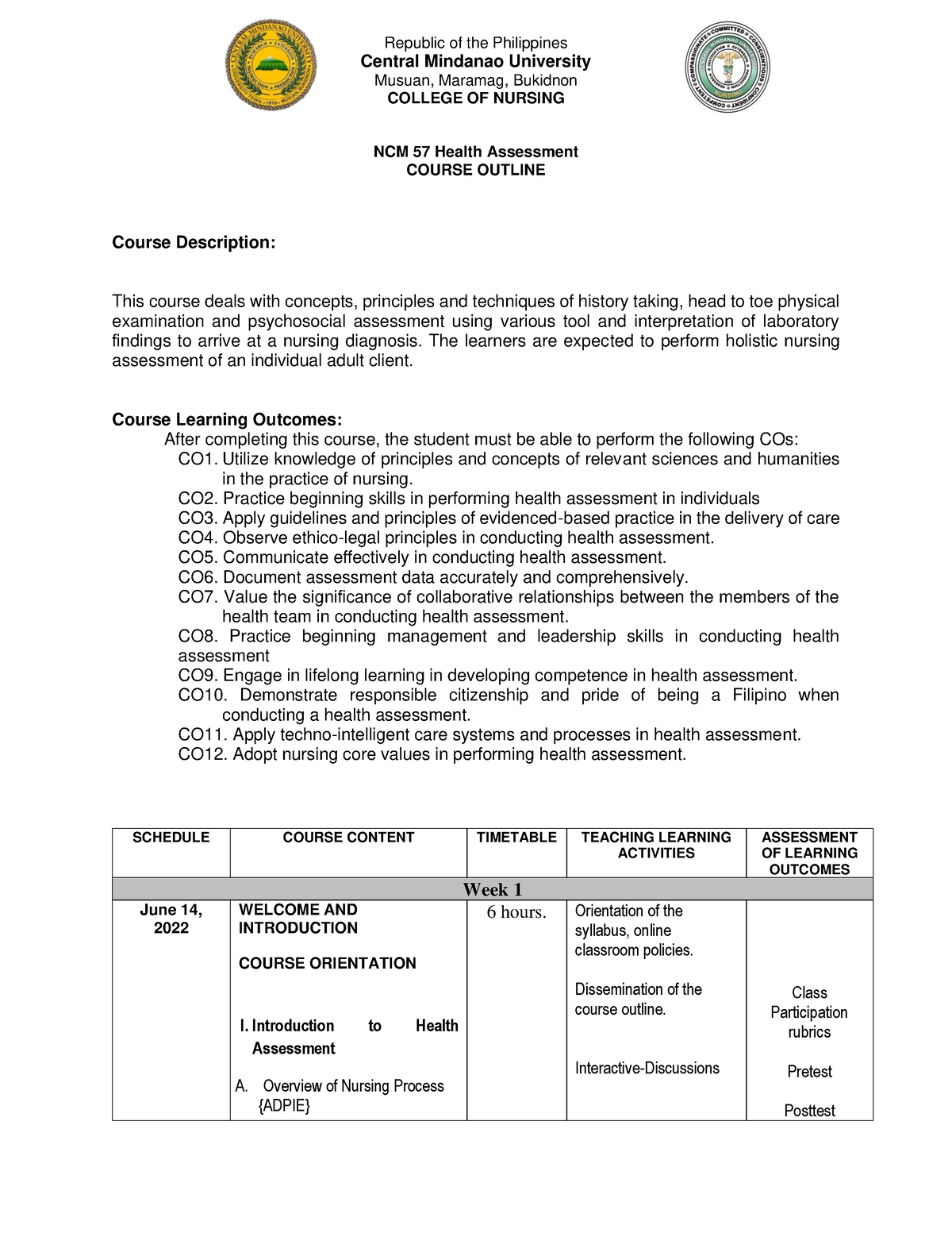 NCM-57-Course-Outline - Republic Of The Philippines Central Mindanao ...