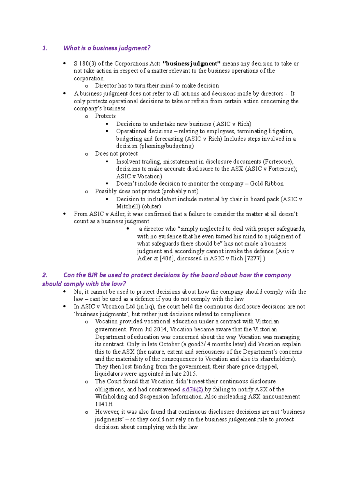 Corporations Law - Business Judgment Rule - 1. What is a business ...