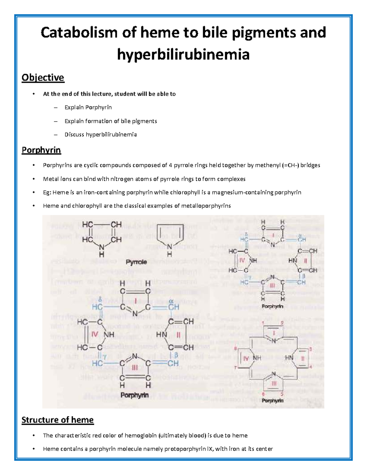 Catabolism of heme to bile pigments and hyperbilirubinemia Catabolism