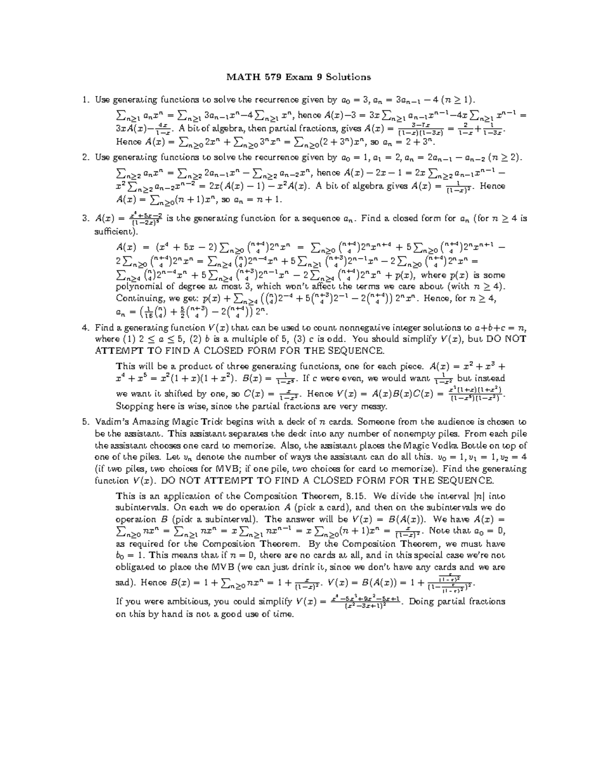 Exam 9 Solutions - Helpful - MATH 579 Exam 9 Solutions Use generating ...