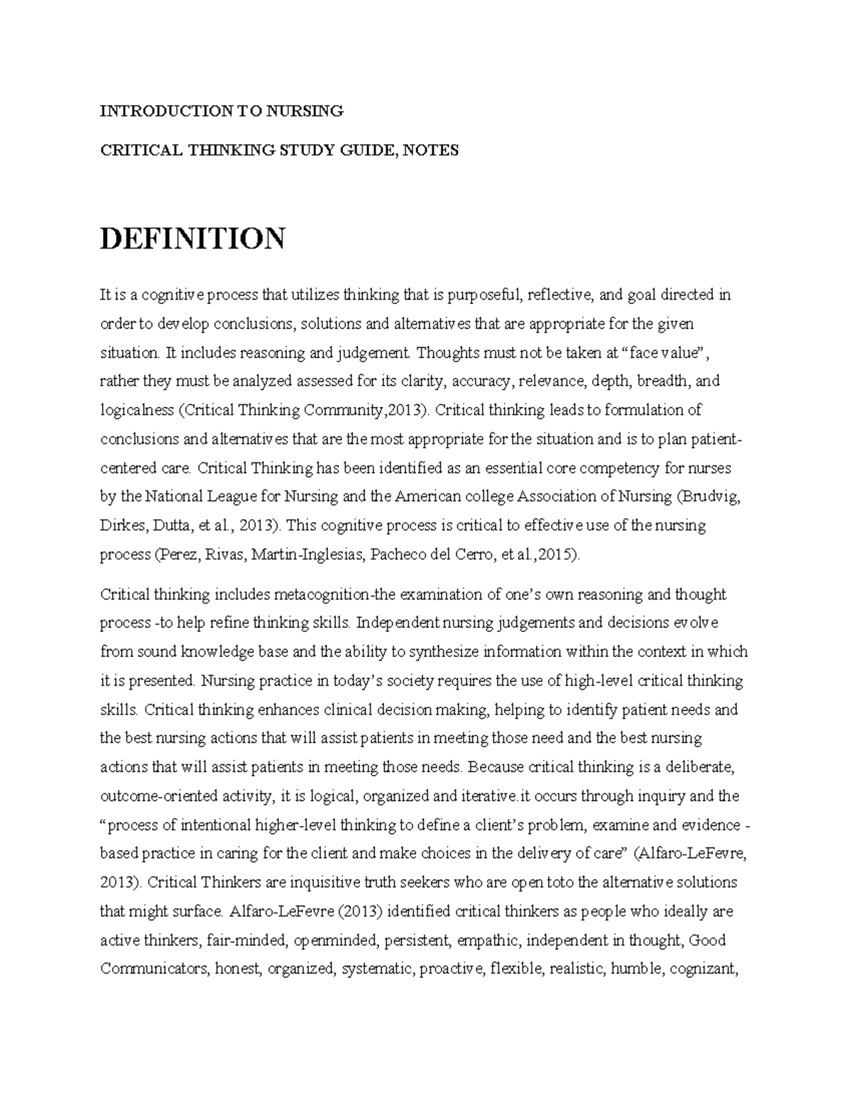 Critical Thinking Notes INTRODUCTION TO NURSING CRITICAL THINKING