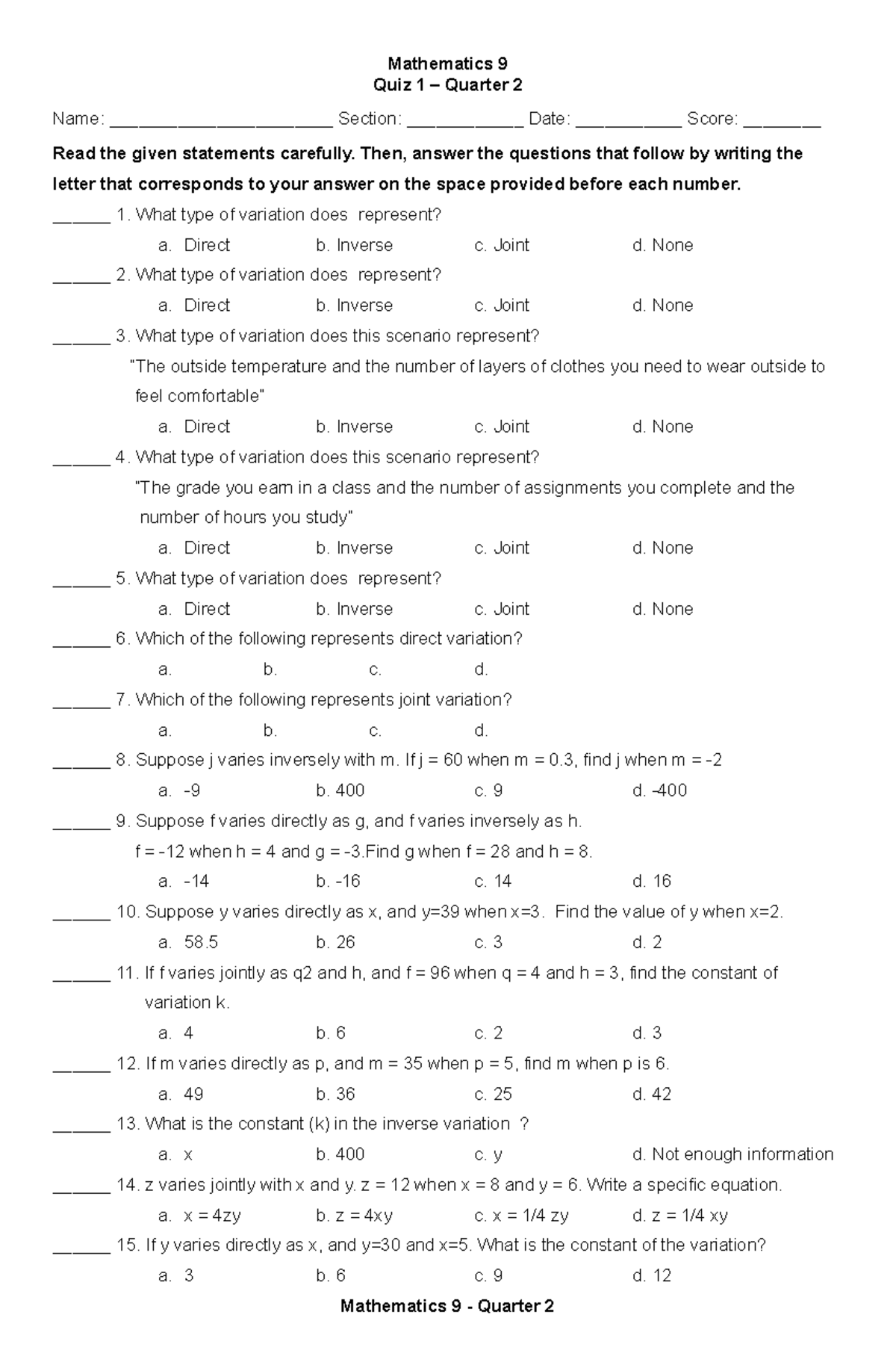 Summative Test 1-2 - Reviewer - Mathematics 9 Quiz 1 – Quarter 2 Name