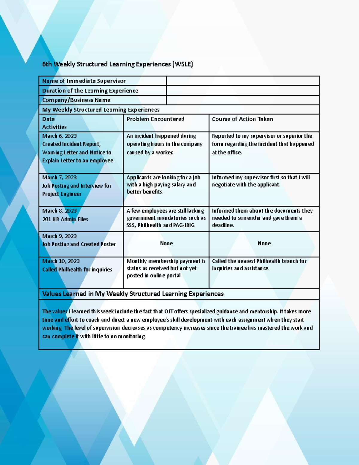 6th Weekly Structured Learning Experiences - Reported to my supervisor ...