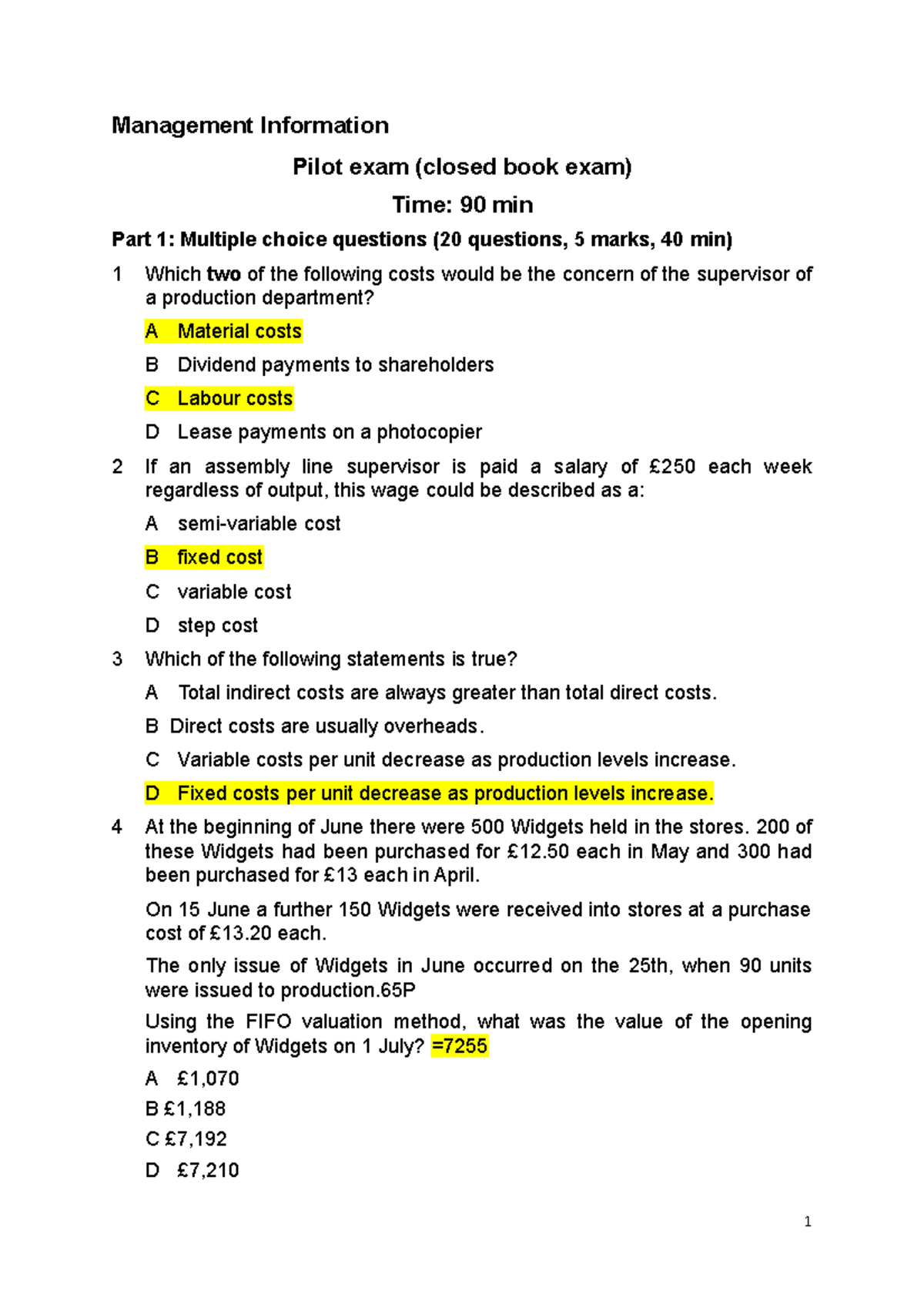 MI Pilot exam Mock Test Management Information Pilot exam (closed