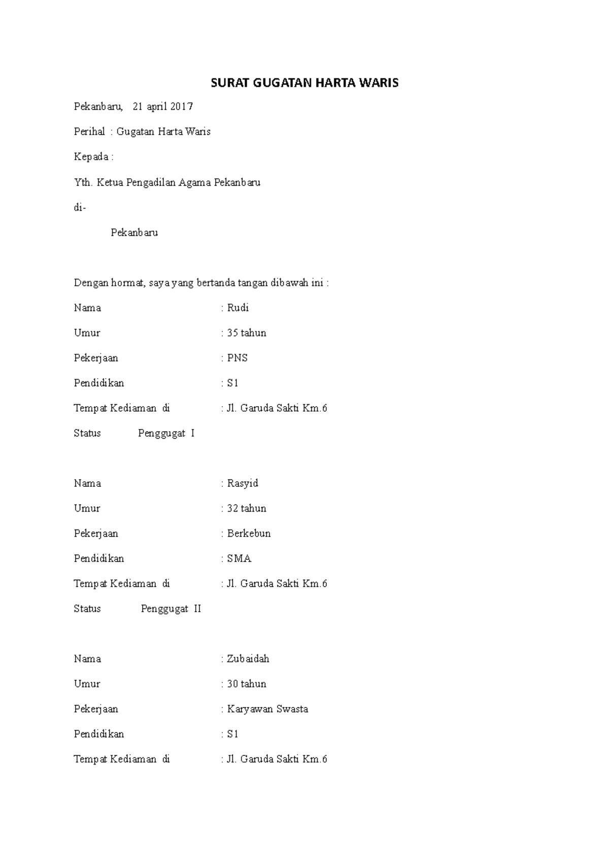 Surat Gugatan Harta Waris - SURAT GUGATAN HARTA WARIS Pekanbaru, 21