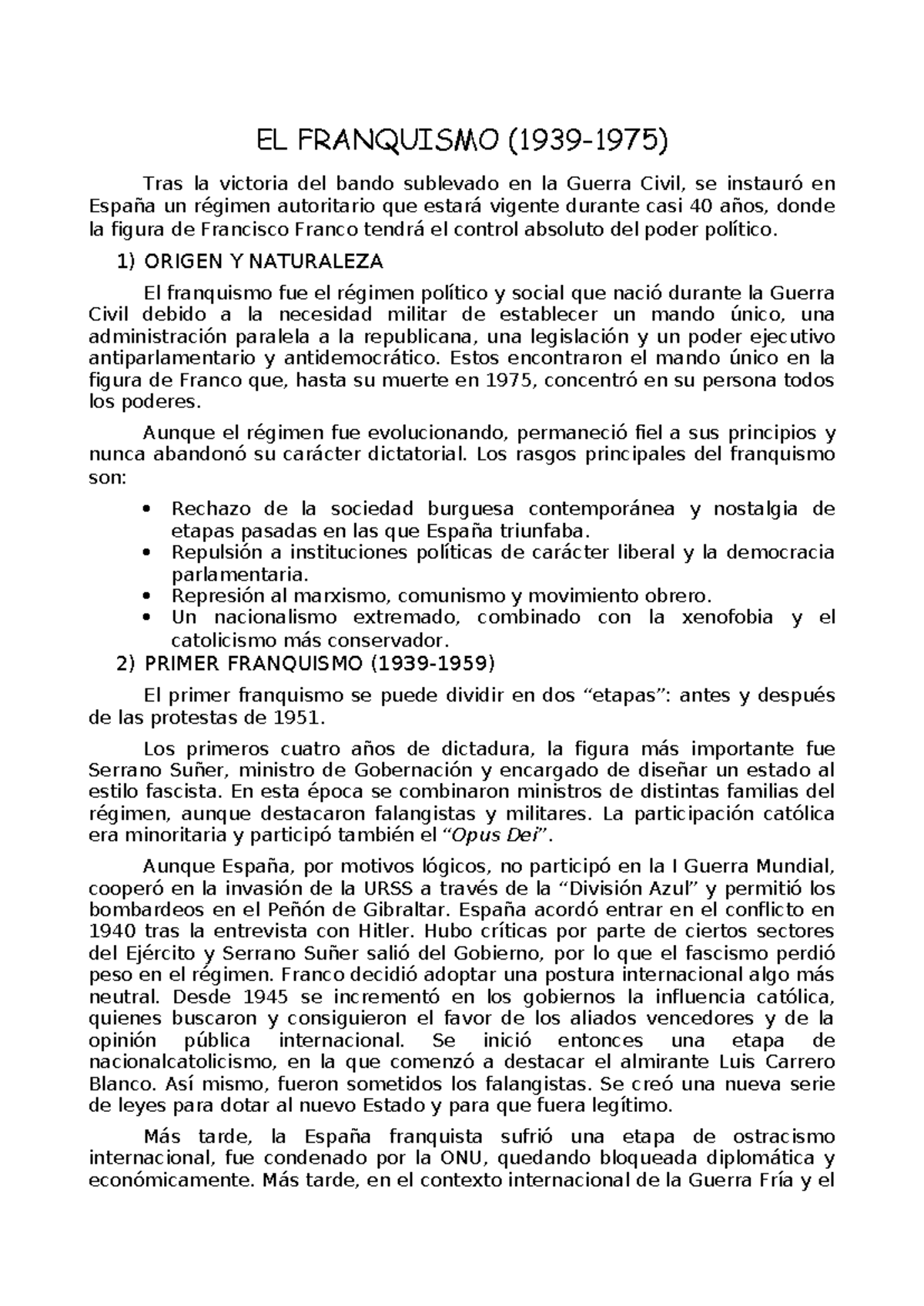 Resumen - El Franquismo - EL FRANQUISMO (1939-1975) Tras la victoria ...