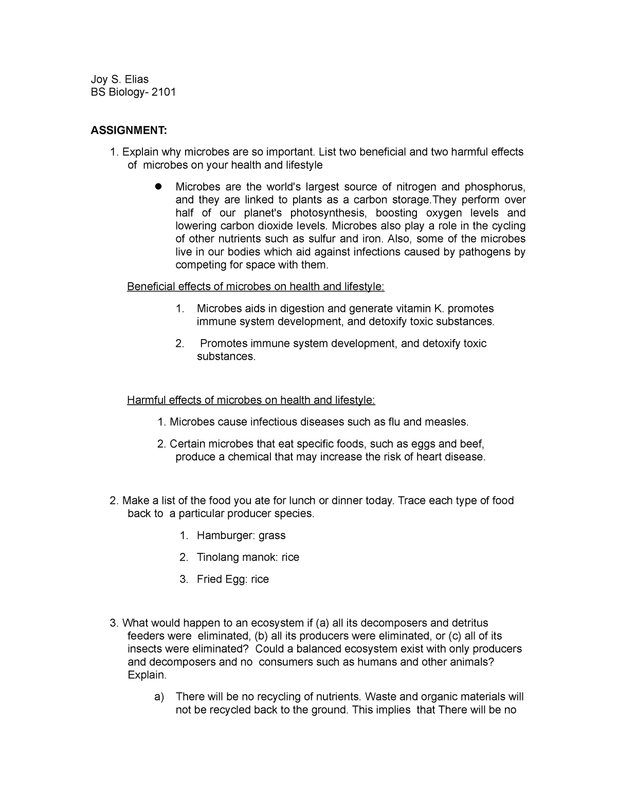 JOY Elias - Assignment - Joy S. Elias BS Biology- 2101 ASSIGNMENT ...