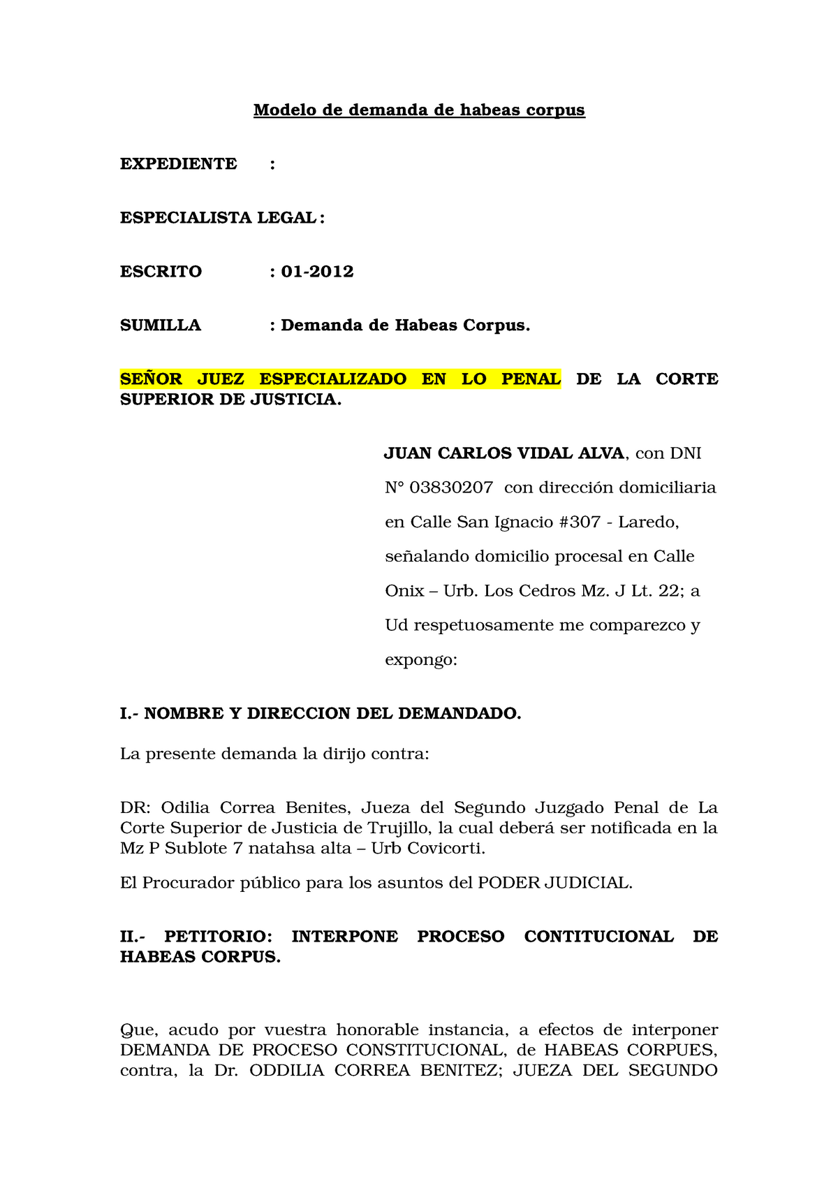 Modelo De Demanda De Habeas Corpus Modelo De Demanda De Habeas Corpus Expediente 2204