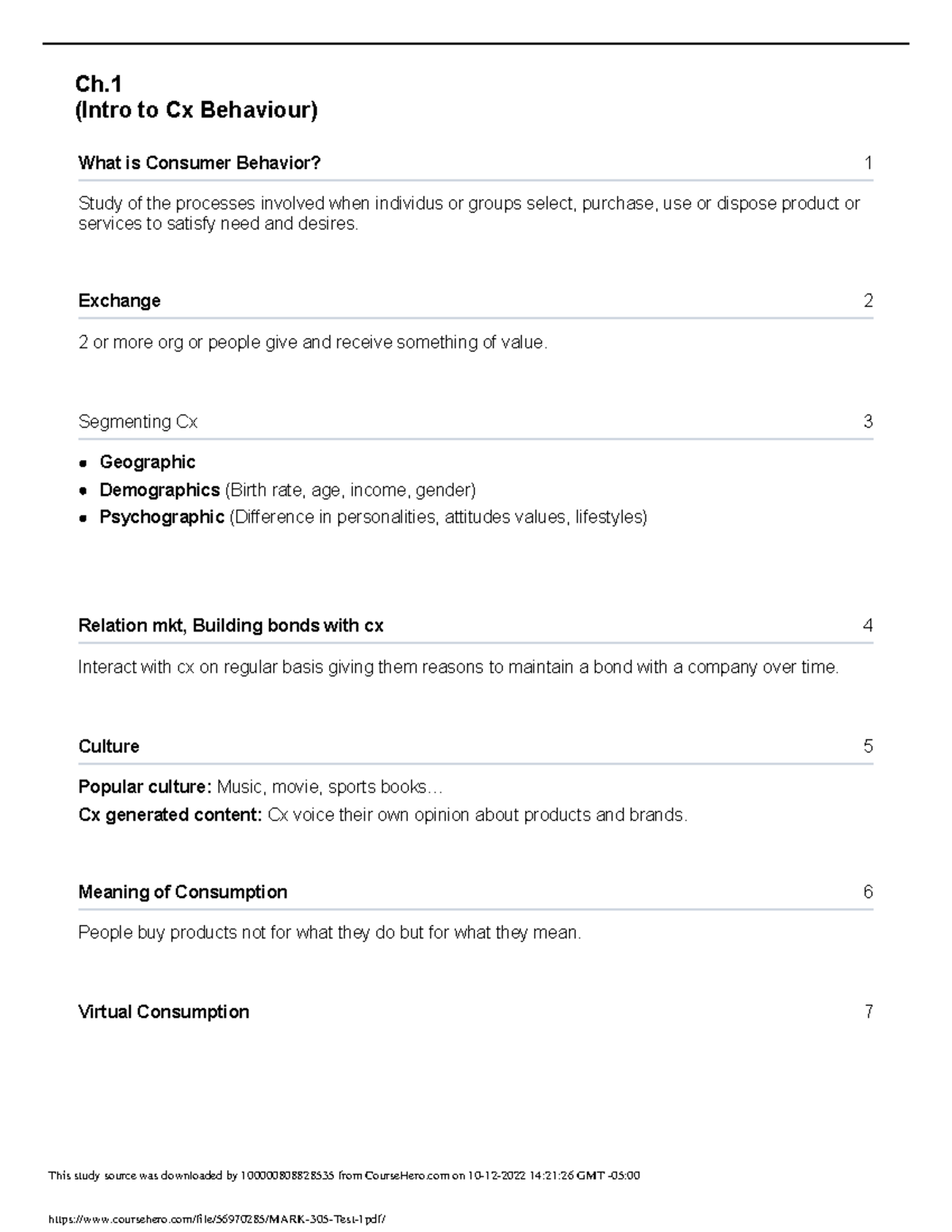 MARK 305 Test 1 - Notes for Test 1 - Ch. (Intro to Cx Behaviour) What ...