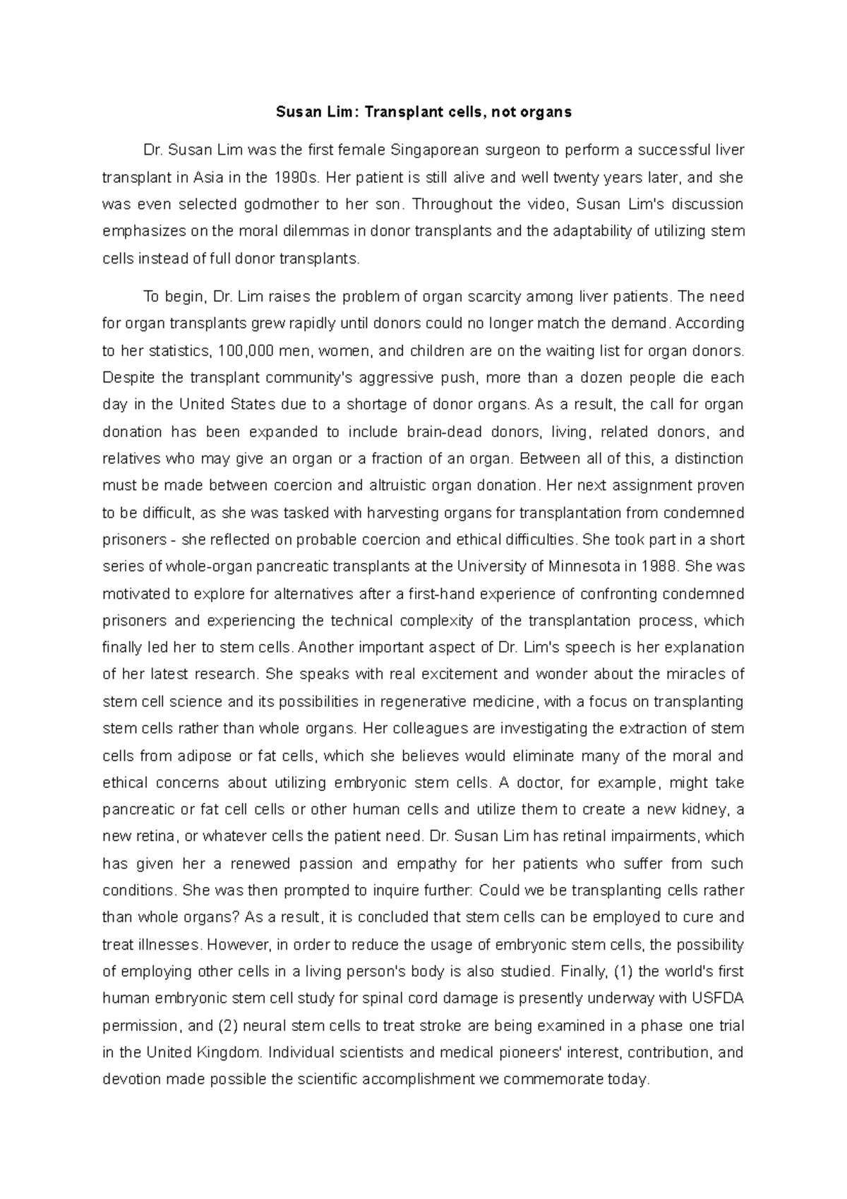 TED2 Susan Lim Transplant cells, Not Organs Susan Lim Transplant