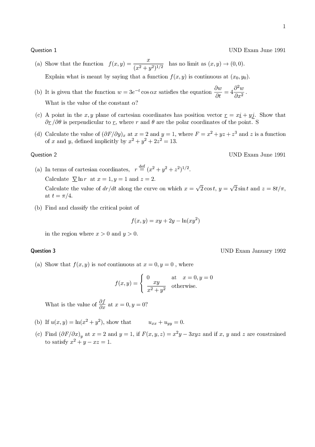 Old xm questions-1 - PRACTISE PROBLEMS - Question 1 UND Exam June 1991 ...