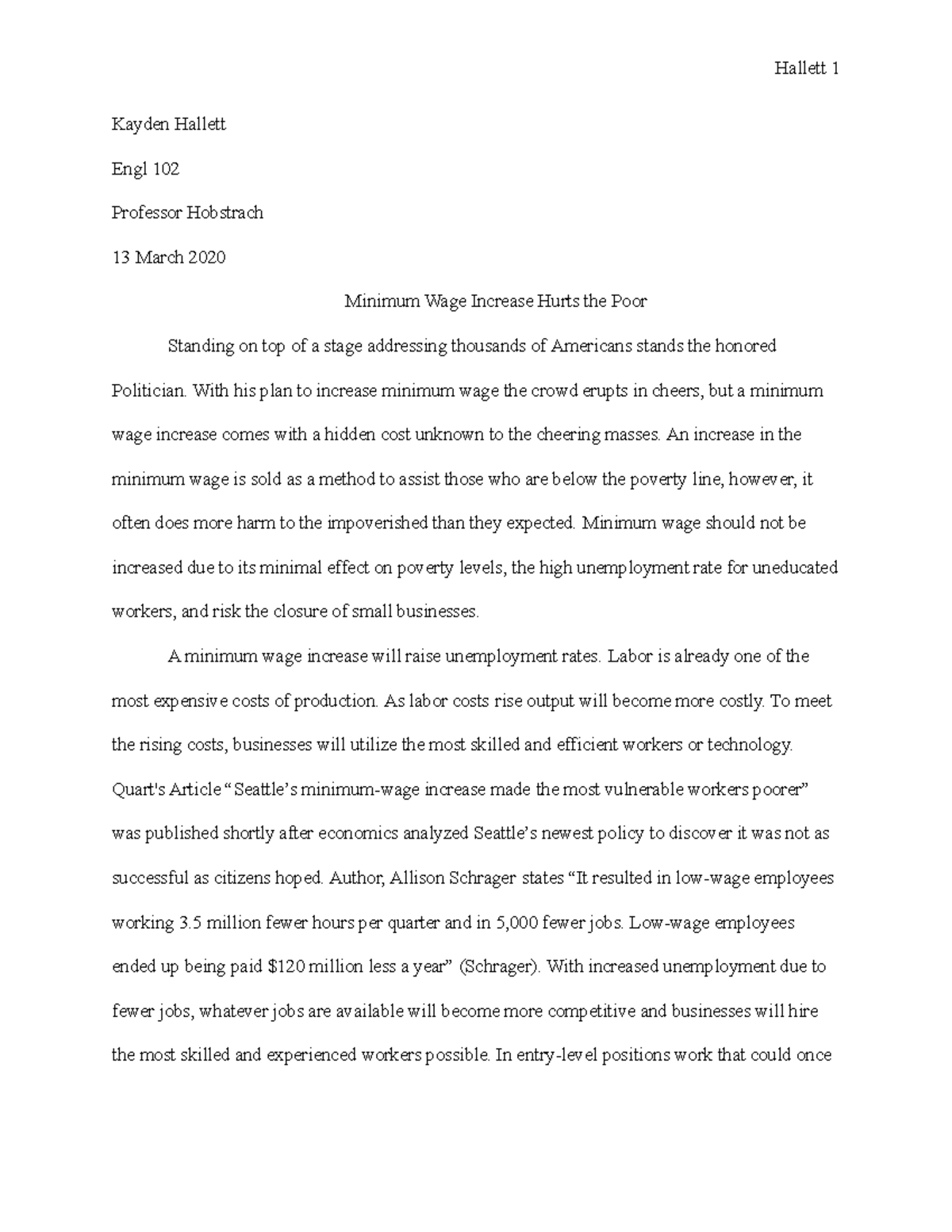 argumentative essay on should minimum wage be raised