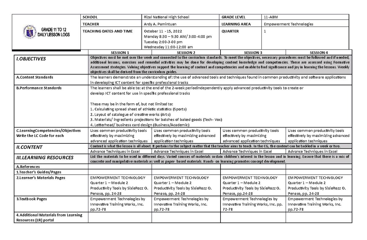 ET Q1 W4 - lesson plan - SCHOOL Rizal National High School GRADE LEVEL ...