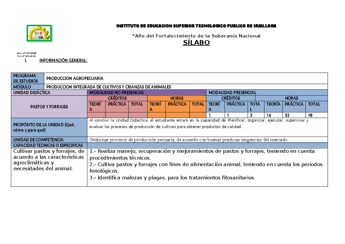 Silabo Pastos Y Forrajes - INSTITUTO DE EDUCACION SUPERIOR TECNOLOGICO ...