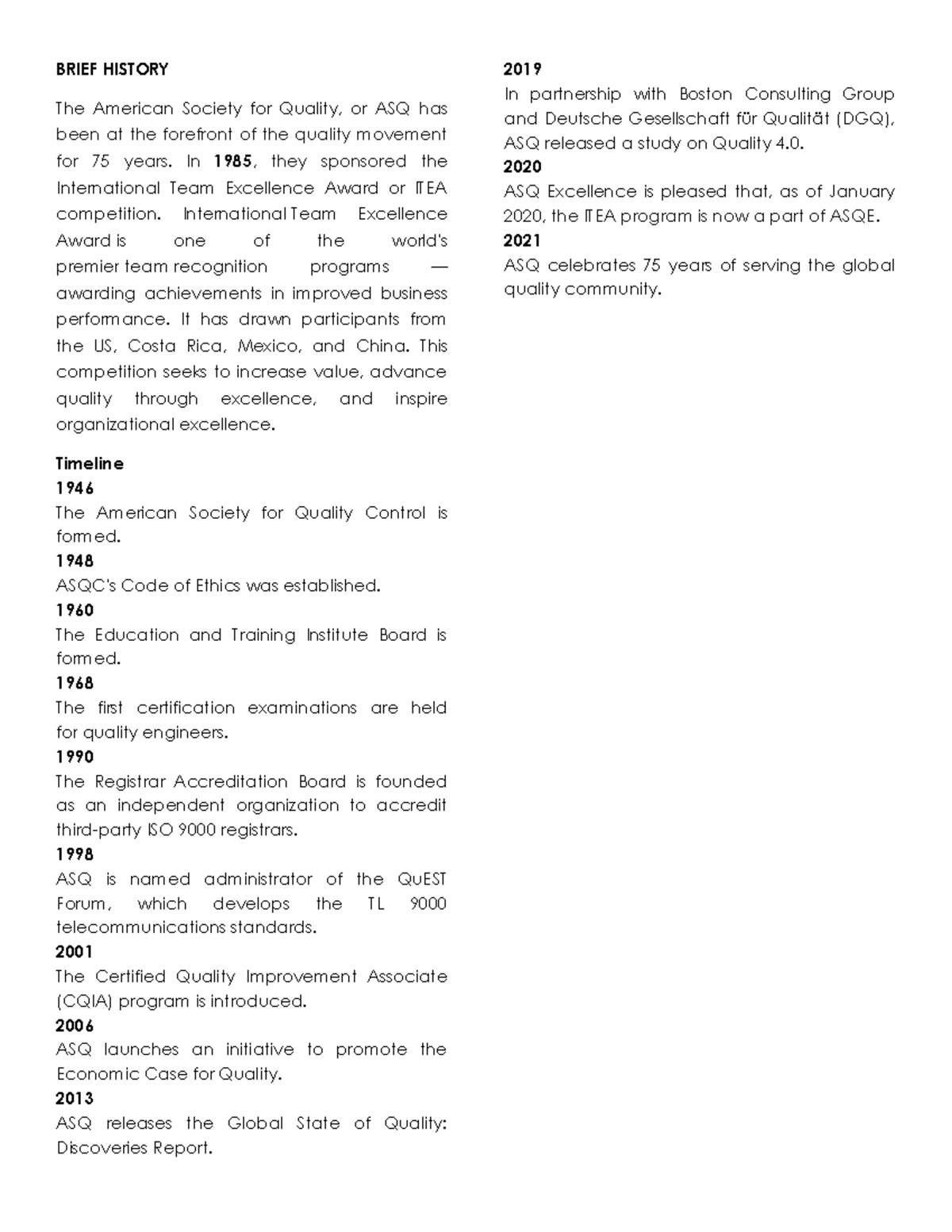 Finals cbme - Noneee - BRIEF HISTORY The American Society for Quality ...