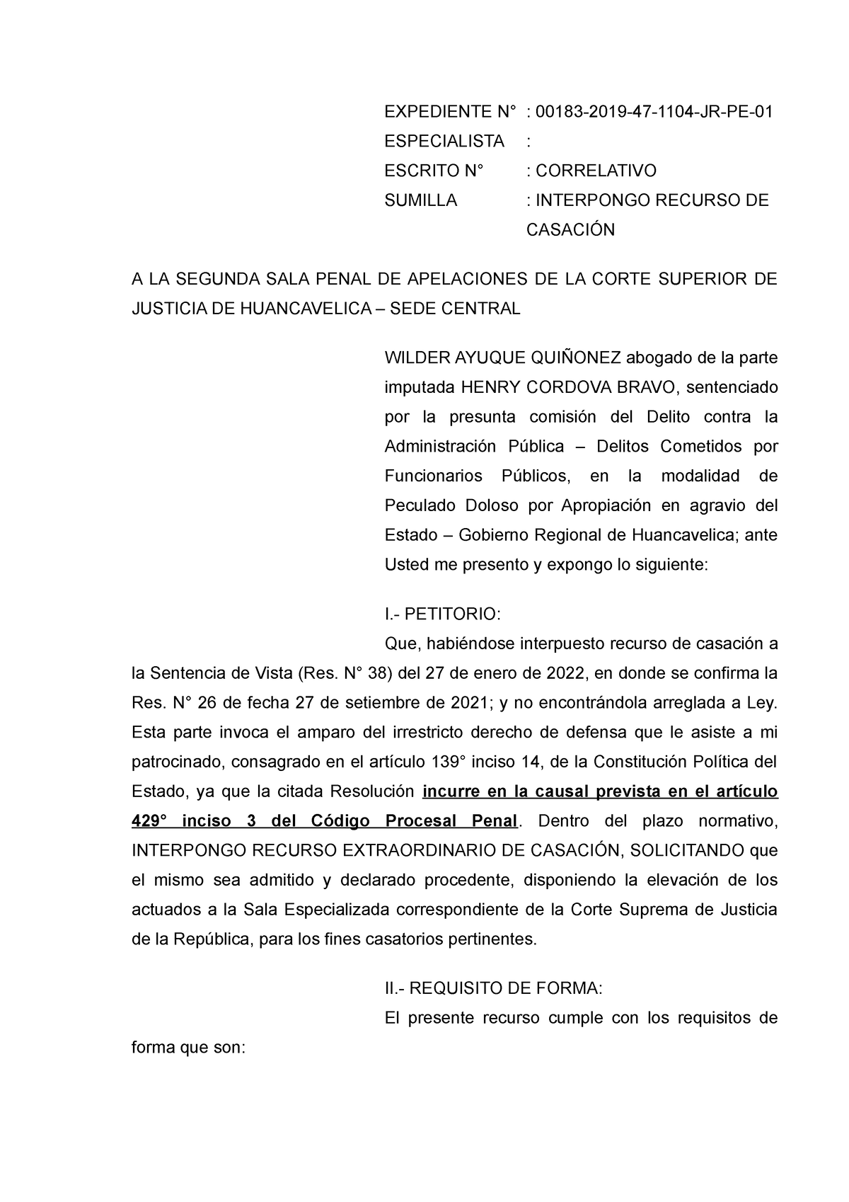 Casacion Sr. Henry - modelo de casación penal en delitos contra la ...