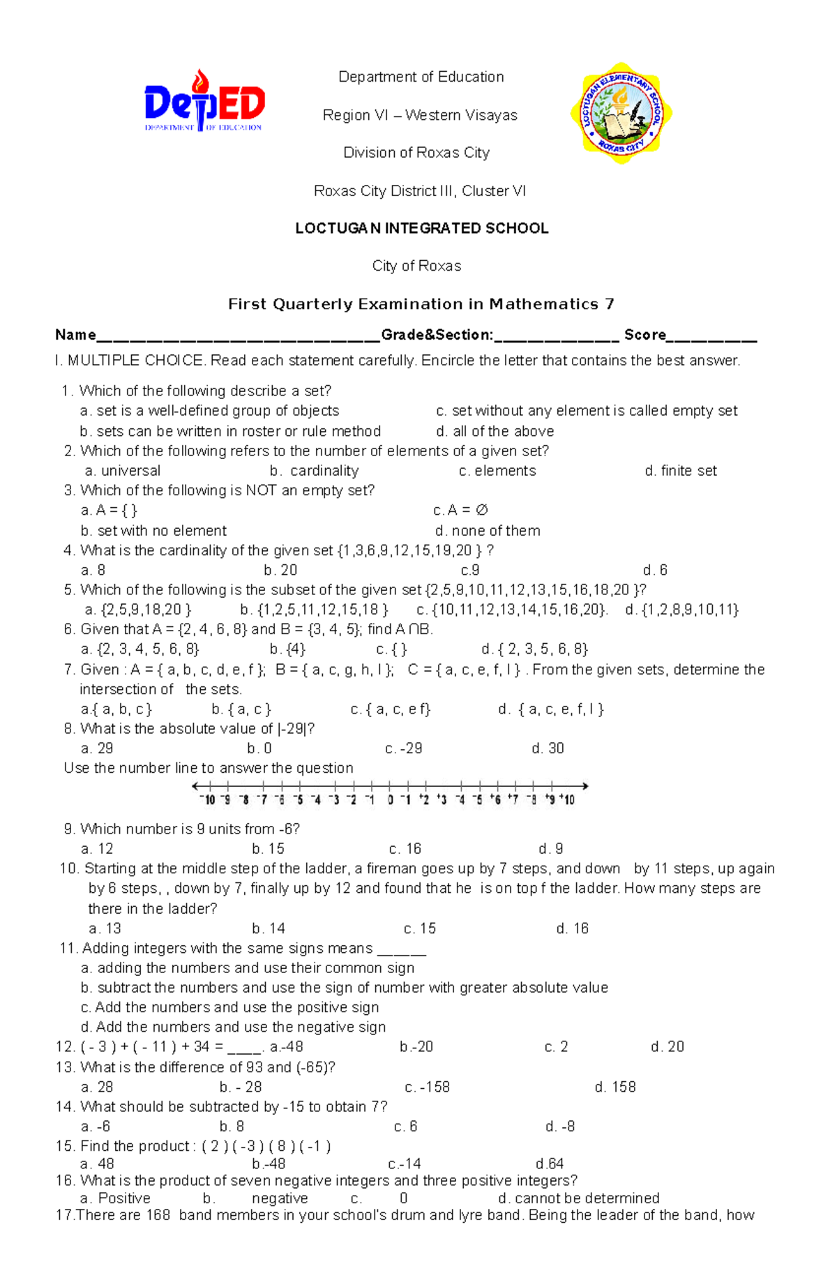 1st Quarter Exam In Math 7 2021 2022 Bsed Studocu