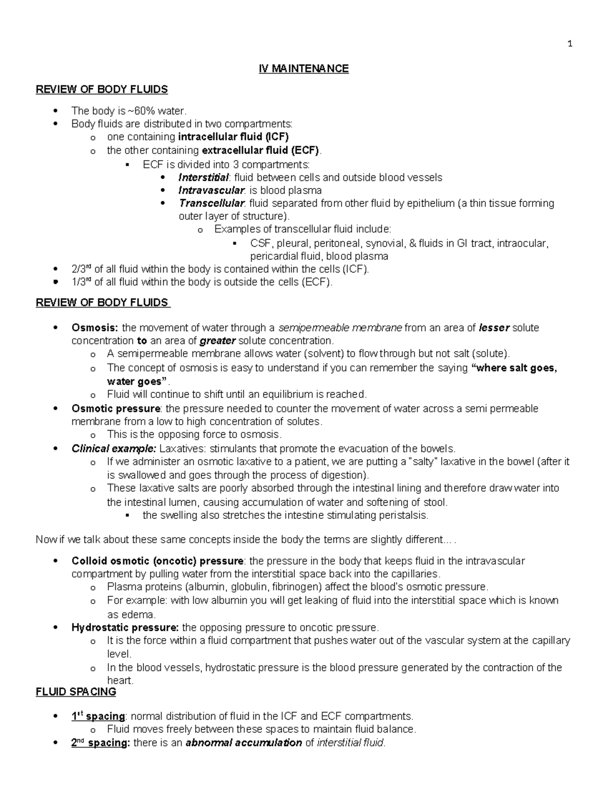 2 IV Maintenance Notes - IV MAINTENANCE REVIEW OF BODY FLUIDS The body ...