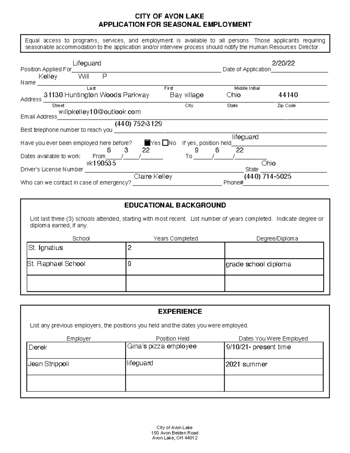 Seasonal Employment Application City of Avon Lake 150 Avon Belden
