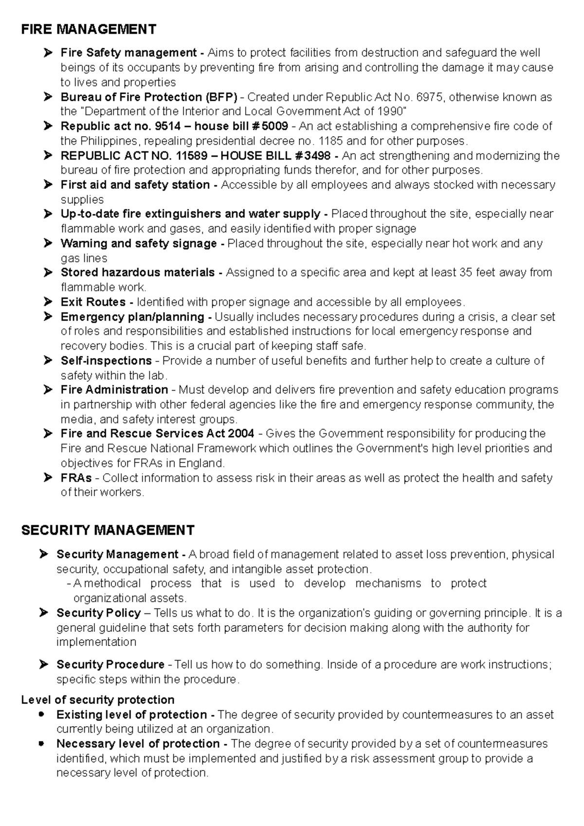 FAC Management Reviewer Midterm FIRE MANAGEMENT Fire Safety