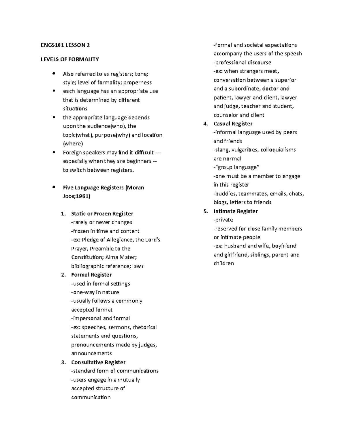 ENGS101 Lesson 2 Levels OF Formality ENGS101 LESSON 2 LEVELS OF