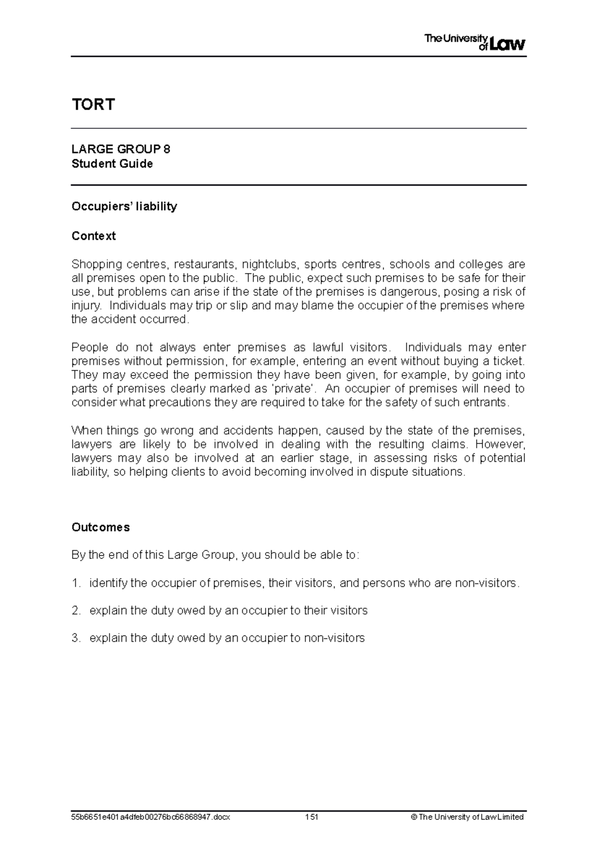 TORT LG8 Student Guide - Occupiers Liability - TORT LARGE GROUP 8 ...
