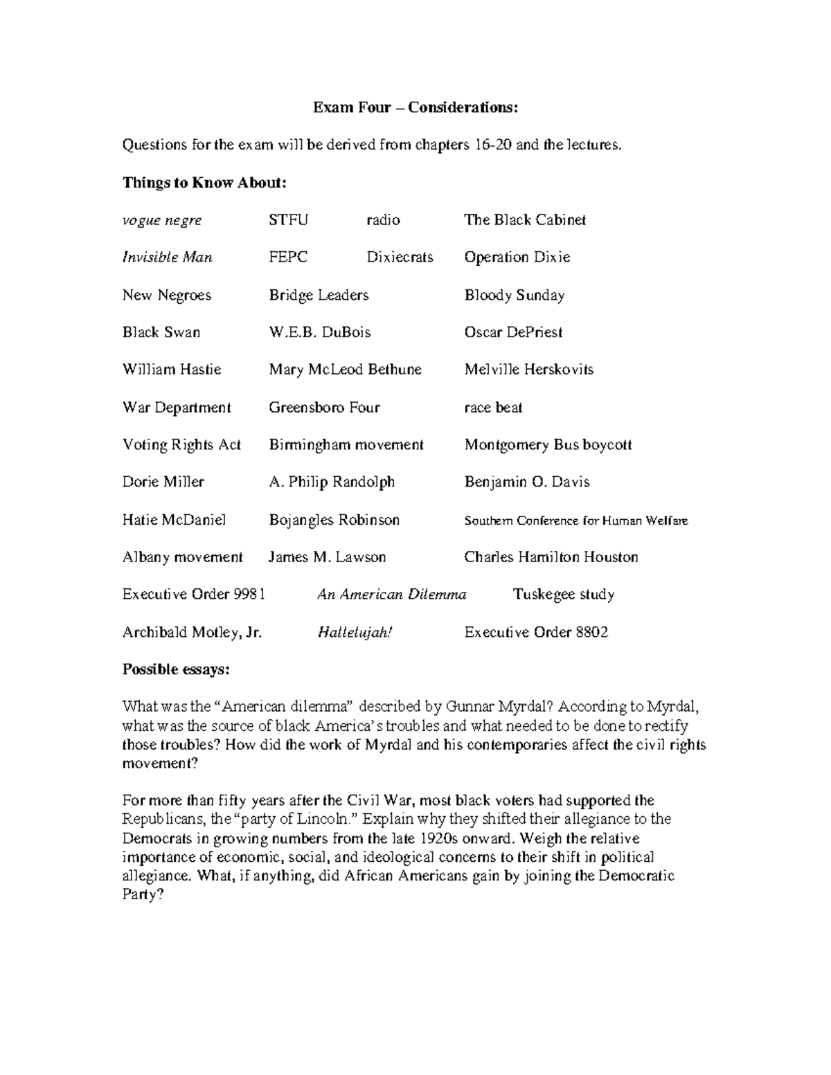Exam 4 Study Guide - Exam Four – Considerations: Questions for the exam ...