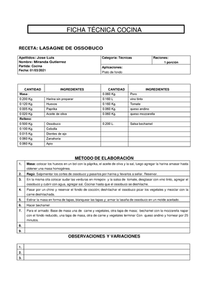 Ficha Tecnica Cocina III - RECETA: LASAGNE DE OSSOBUCO Apellidos: Jose Luis  Nombre: Miranda - Studocu