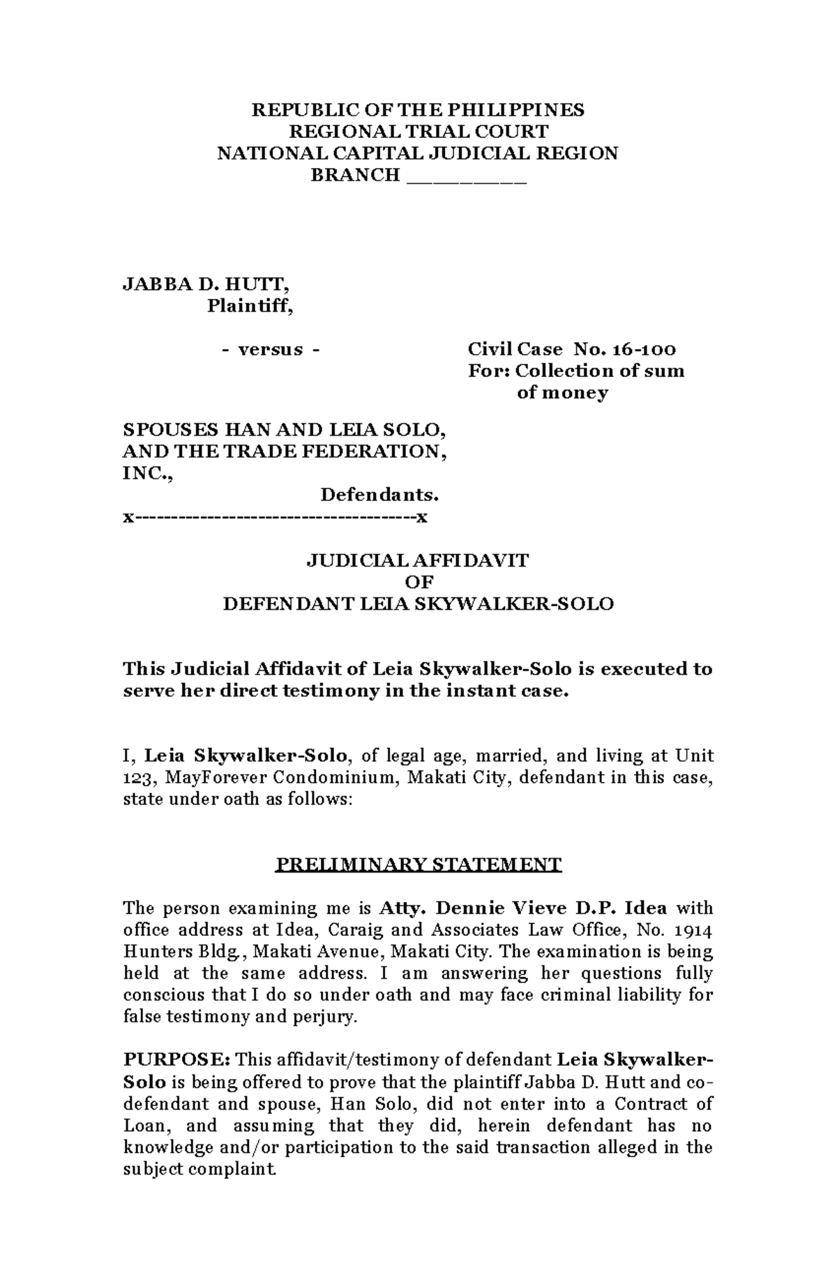 Sample Judicial Affidavit - REPUBLIC OF THE PHILIPPINES REGIONAL TRIAL ...