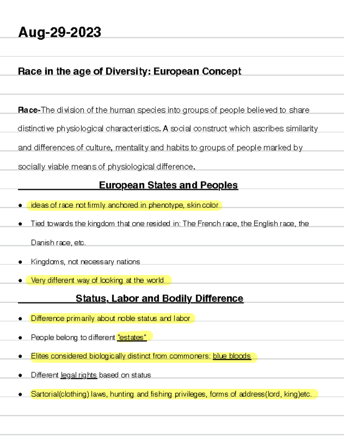 History - first day notes - Aug-29- Race in the age of Diversity: European Concept Race-The ...