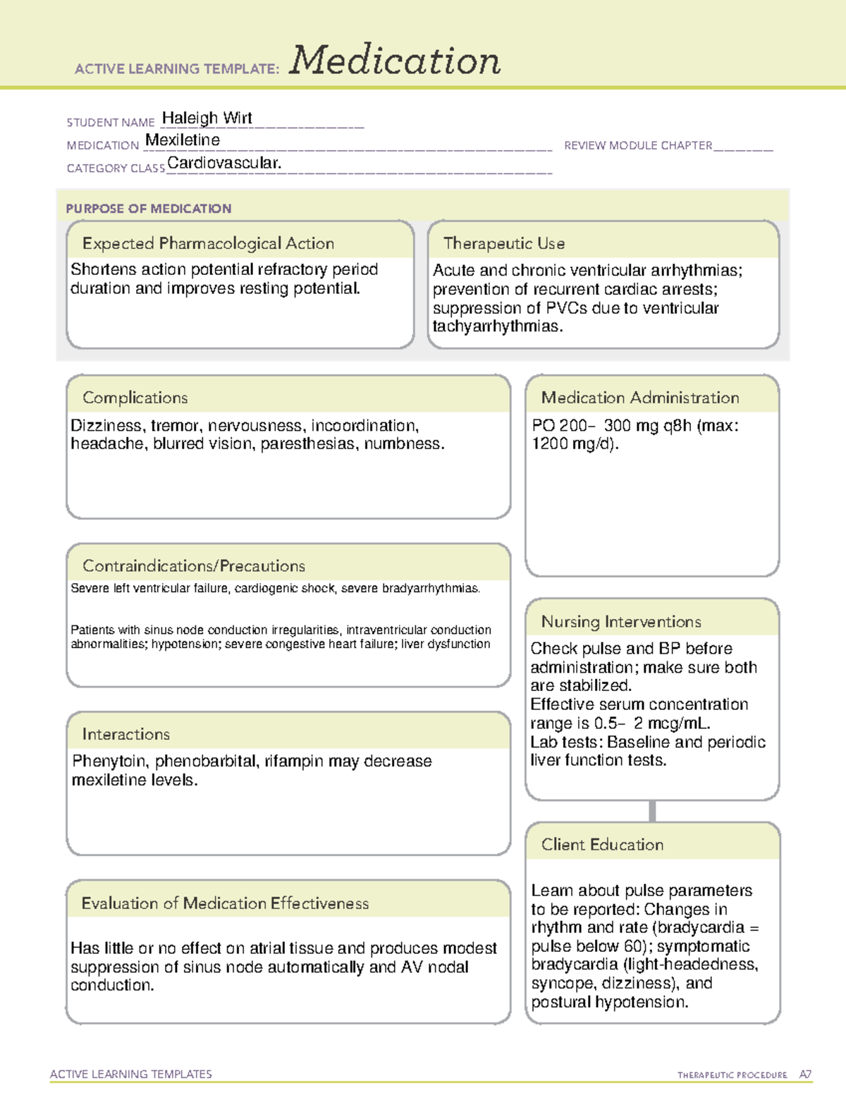 Mexiltine - Pharmacology Ati - Active Learning Templates Therapeutic 