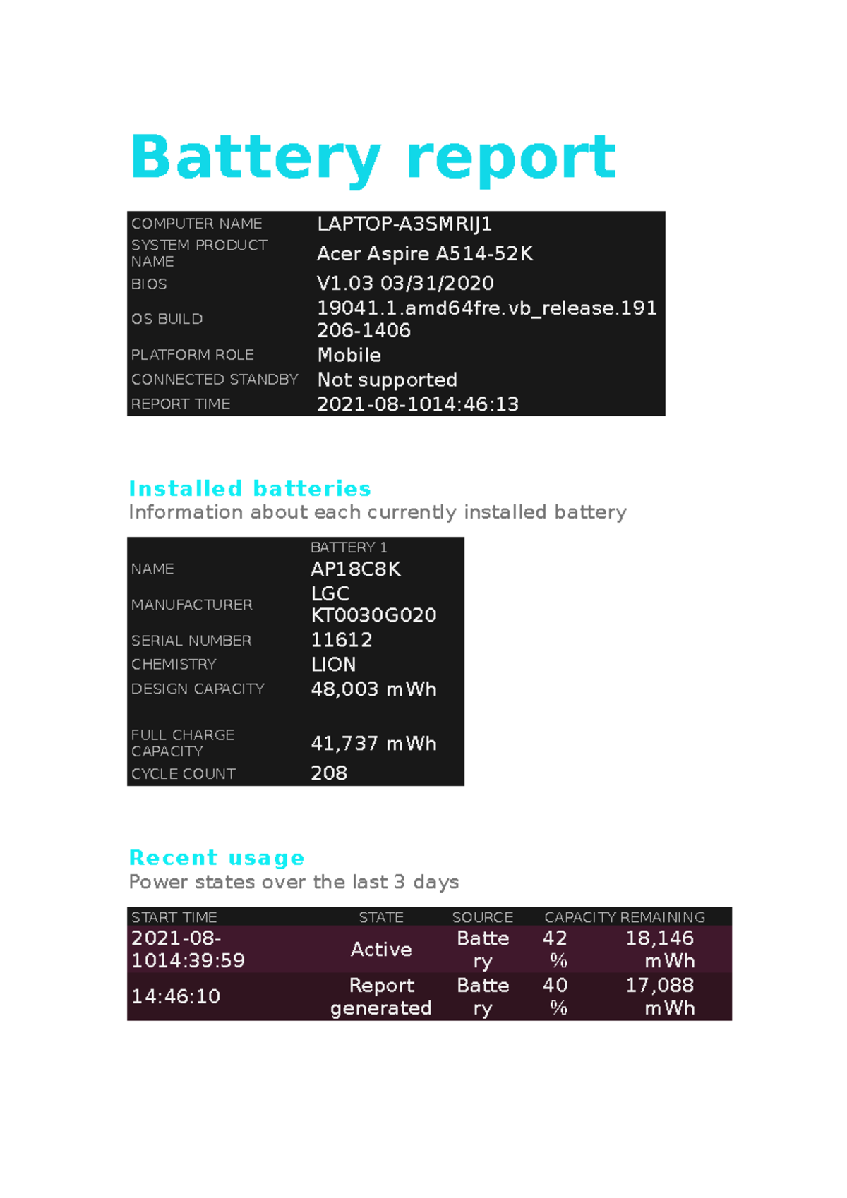 Battery report and practice materials Battery report COMPUTER NAME